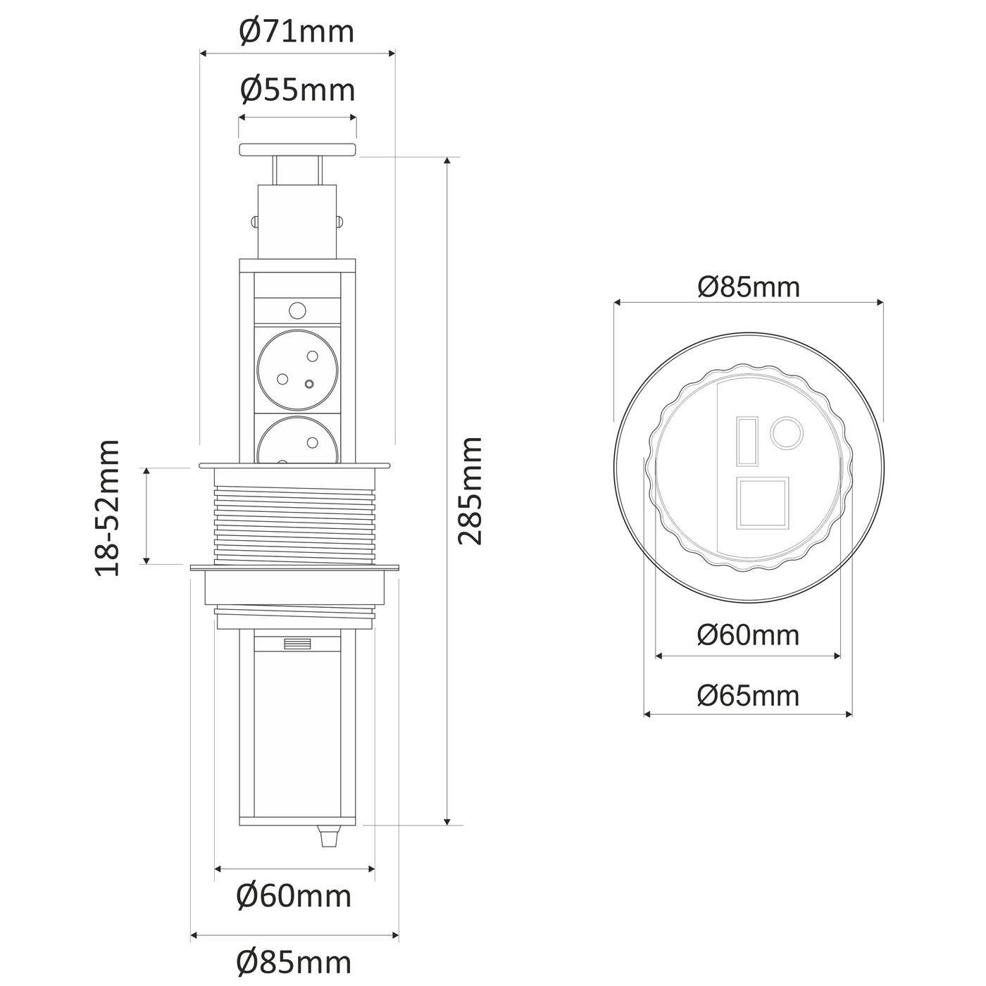 Lumonic LiftBox 3x Schuko Steckdose Tischsteckdose Aluminium I 3 Steckdosen mit 230V im Tower max. 3600W I Mit Bohrloch-Größe 107mm Ideal für den Einbau