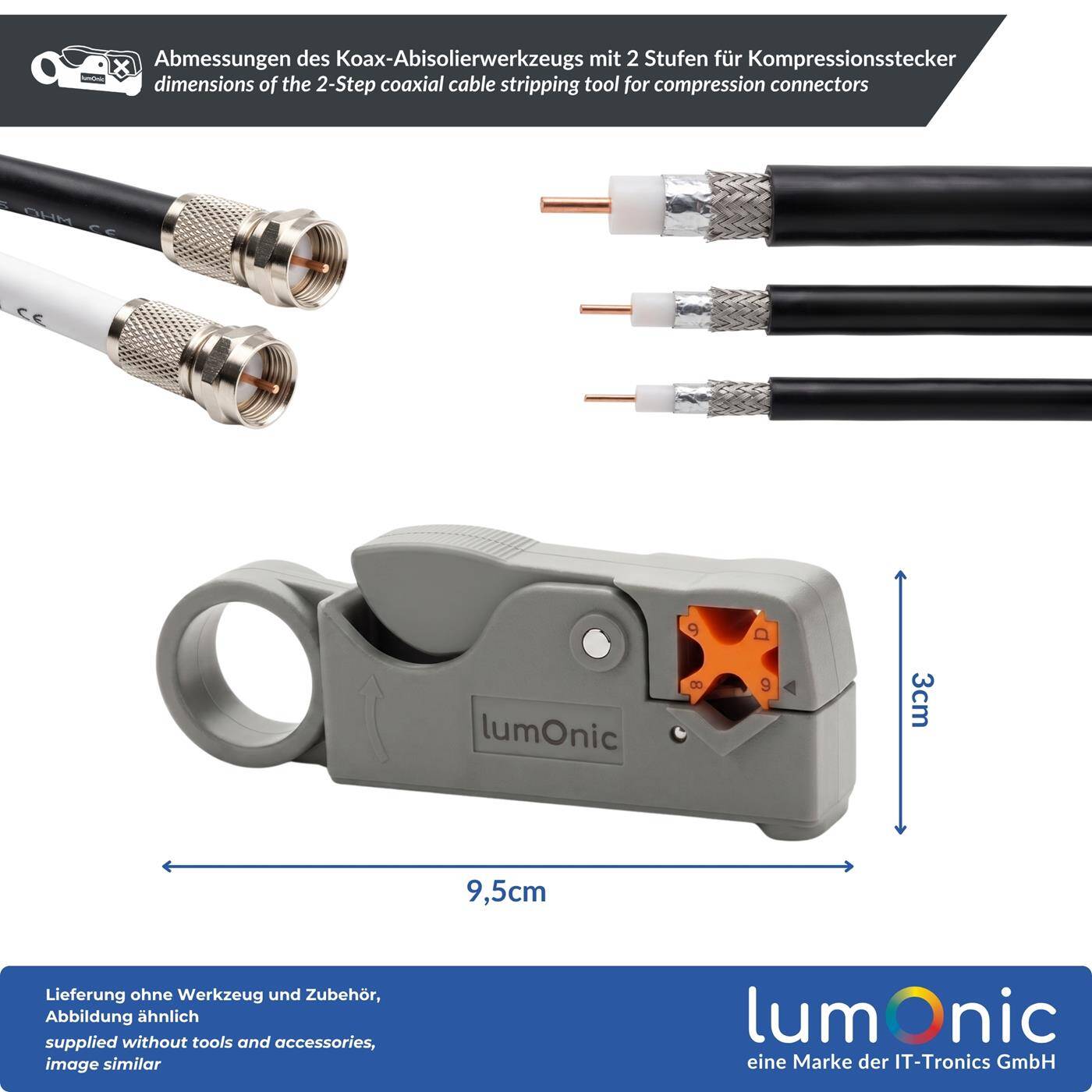 Lumonic Koax-Abisolierwerkzeug mit 2 Stufen für Kompressionsstecker - Für RG58, RG59, RG6, F-Stecker, BNC und Kompressionsstecker, zwei Klingen in einem Arbeitsgang, Metallklingen, Serienmontage