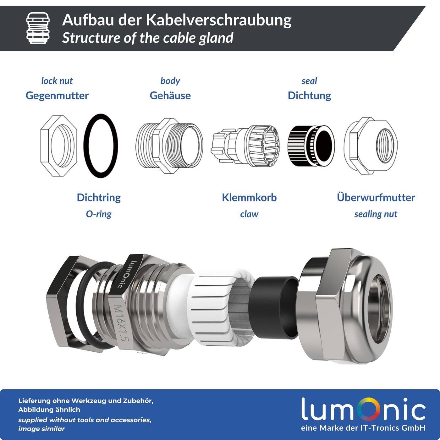 Lumonic Set of 5 metal cable glands M16 | Clamping range 5-10mm | IP68 | with locknut | Nickel-plated brass, EMC | -40...+100°C | corresponds to PG9