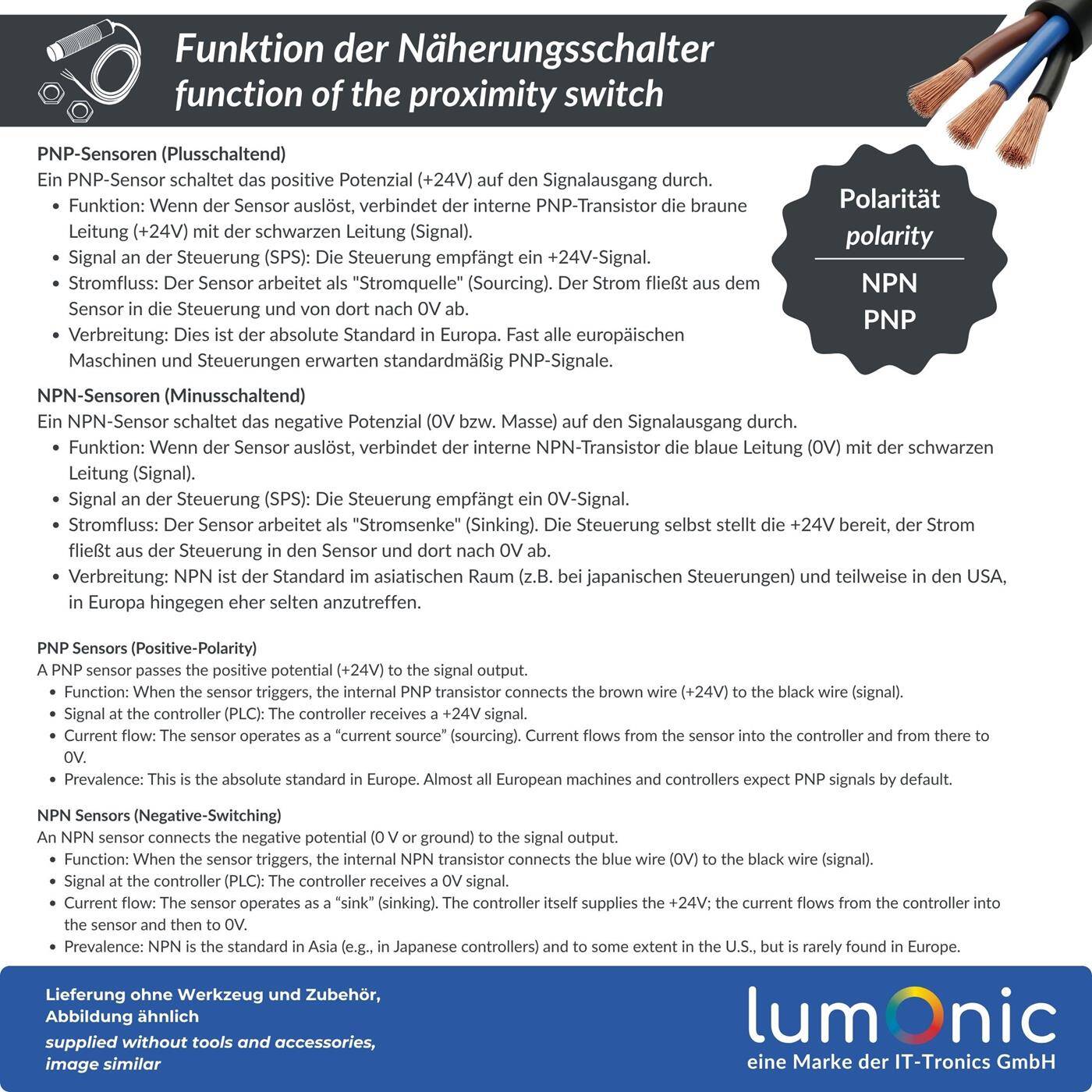 Lumonic Näherungsschalter  | M30 ?30mm | 6…36V DC | Öffner, NPN, IP67 | Erfassungsbereich < 15mm | Näherungssensor aus Messing, vernickelt | Endschalter mit offenem Kabelende