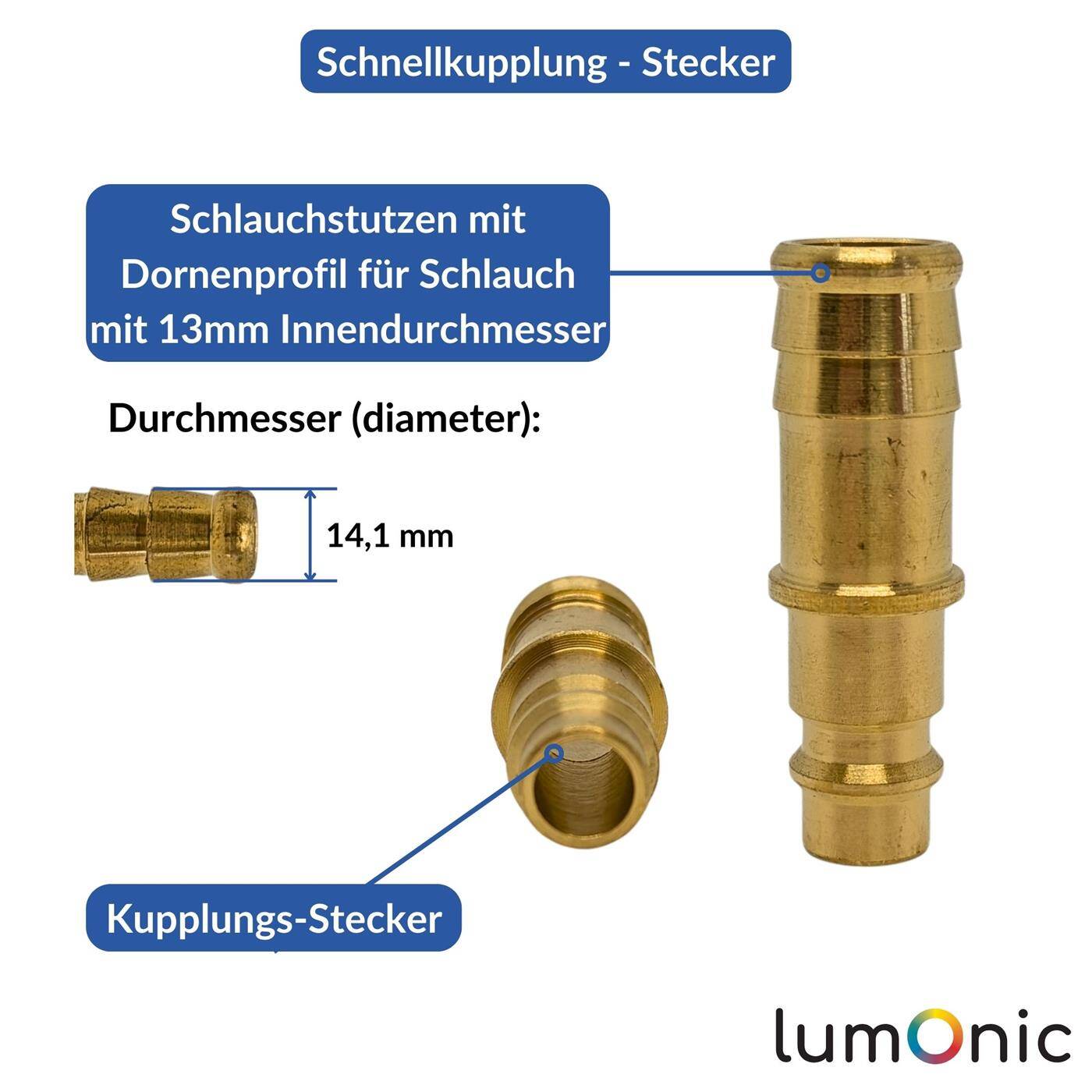 Lumonic I Coupling plug with hose nozzle I for 13mm hose I made of brass I Compressed air coupling plug I Quick coupling I for workshops, businesses and DIY enthusiasts