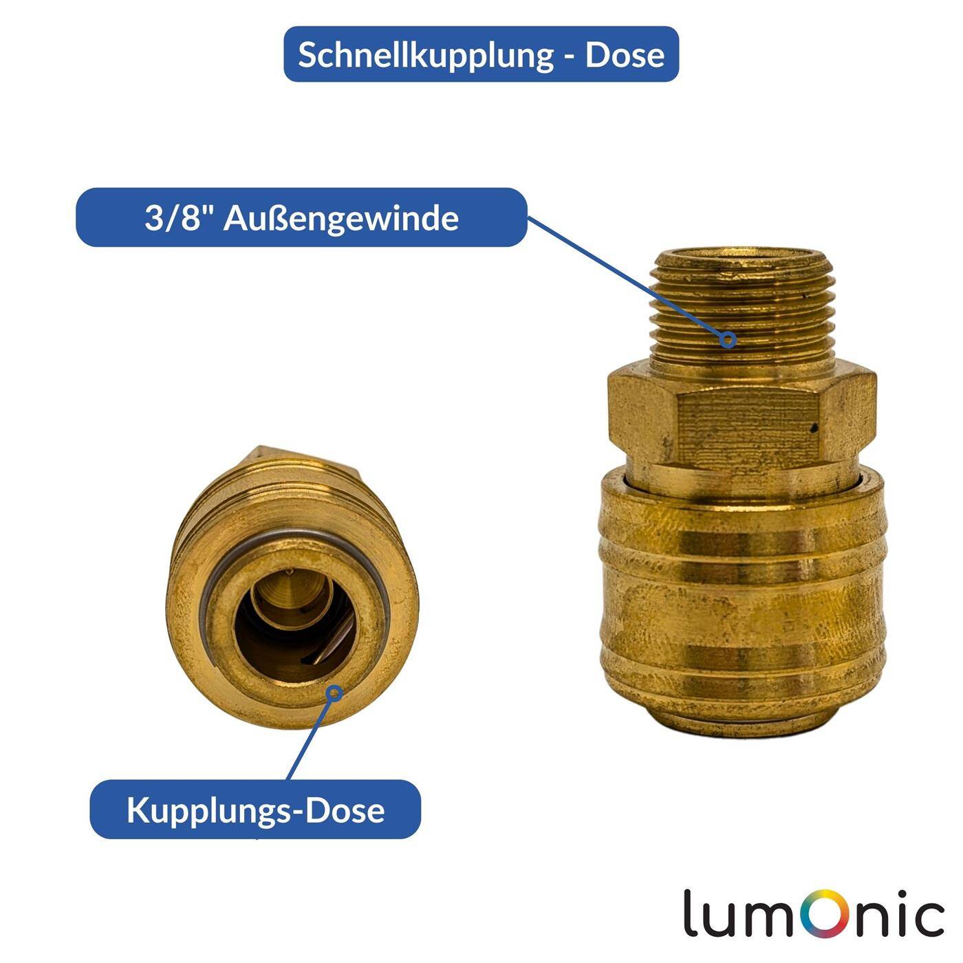Lumonic I Kupplungsdose mit Außengewinde I 3/8" I aus Messing I Druckluftkupplung-Buchse I Schnellkupplung I für Werkstätten, Betriebe und Heimwerker