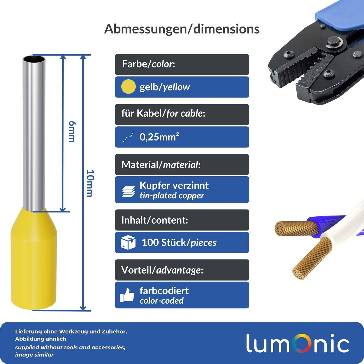 Lumonic 100 x 0,25mm² Aderendhülsen isoliert gelb I Die Länge beträgt 6mm, der Durchmesser des Kunstoffkragen 1,8mm I Verzinnt zum Schutz gegen Korrosion