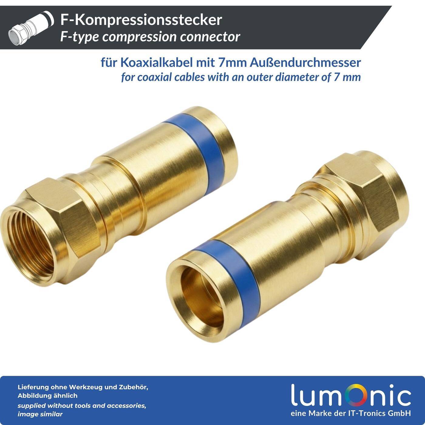 Lumonic 20 Stück F-Kompressionsstecker 7mm | vergoldet | F-Stecker für Kompressionstechnik | Pressstecker für Koaxialkabel, SAT Kabel, Antennenkabel, Kabelinternet