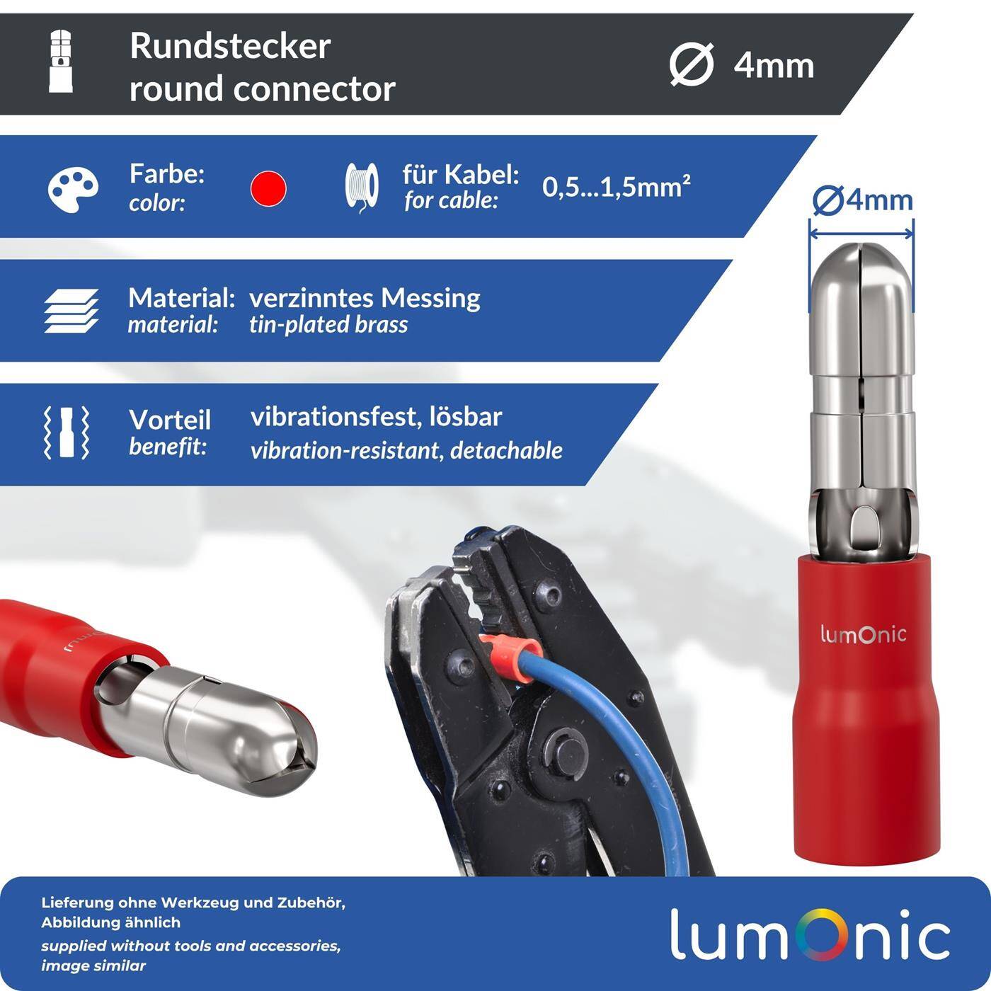 Lumonic 25x Rundstecker 0,5-1,5mm² | , 4mm | Rundstecker für Rundsteckhülsen 4mm | Kabelverbinder, Kabelschuhe isoliert | KFZ, Motorrad, Elektrik