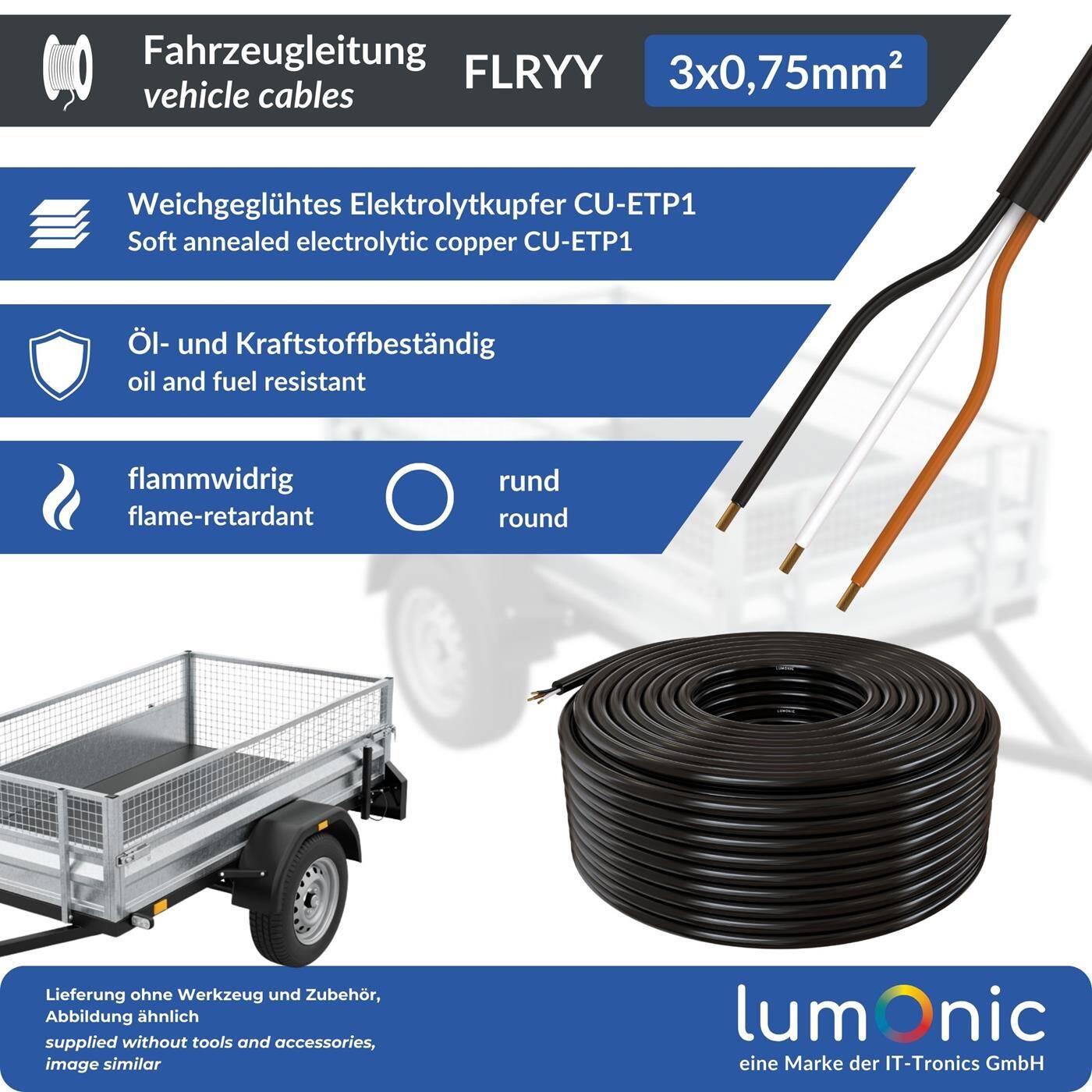 Lumonic 1m FLRYY Vehicle cable 3x0,75mm² black | 3-wire | Trailer cable | Multi-core automotive cable | Oil and fuel-resistant, flame-retardant | Low voltage