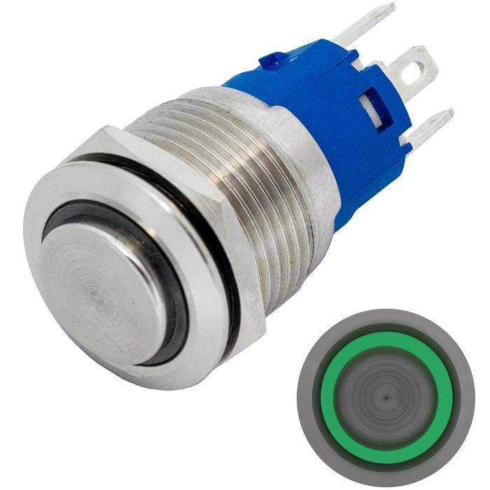 Stainless steel Pressure switch raised Ø19mm Ring LED Green IP65 2,8x0,5mm Pins 250V 3A Vandal-proof