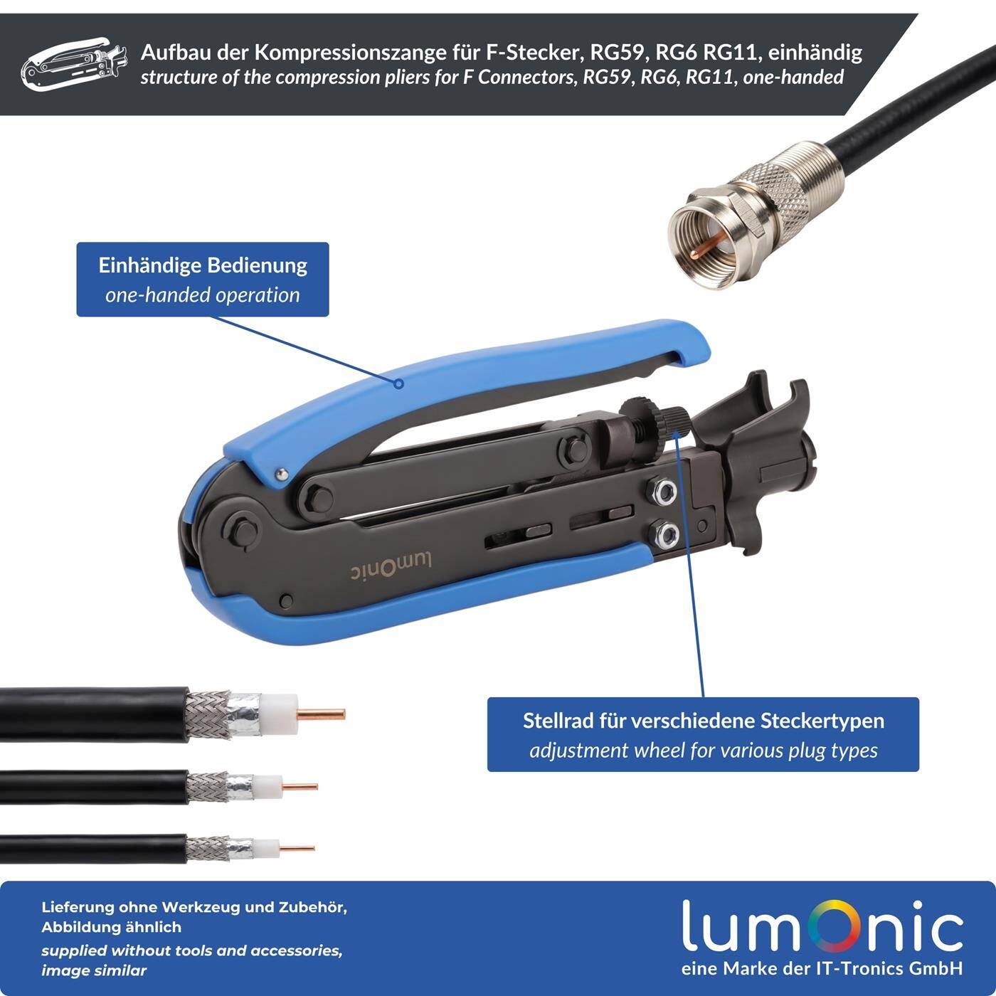 Lumonic Compression Pliers for F Connectors, RG59, RG6, RG11, One-Handed - Adjustment Wheel for RG59, RG6, and RG11, Axial Compression, Metal, for Coaxial Cables, Satellite Cables, and Antenna Outlets