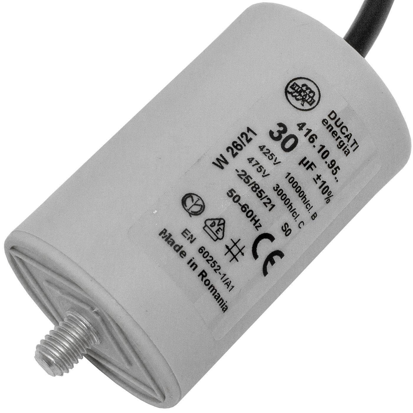 Anlaufkondensator Motorkondensator 30µF 400V 45x70mm Kabel 35cm Ducati 416.10.95 B 30uF