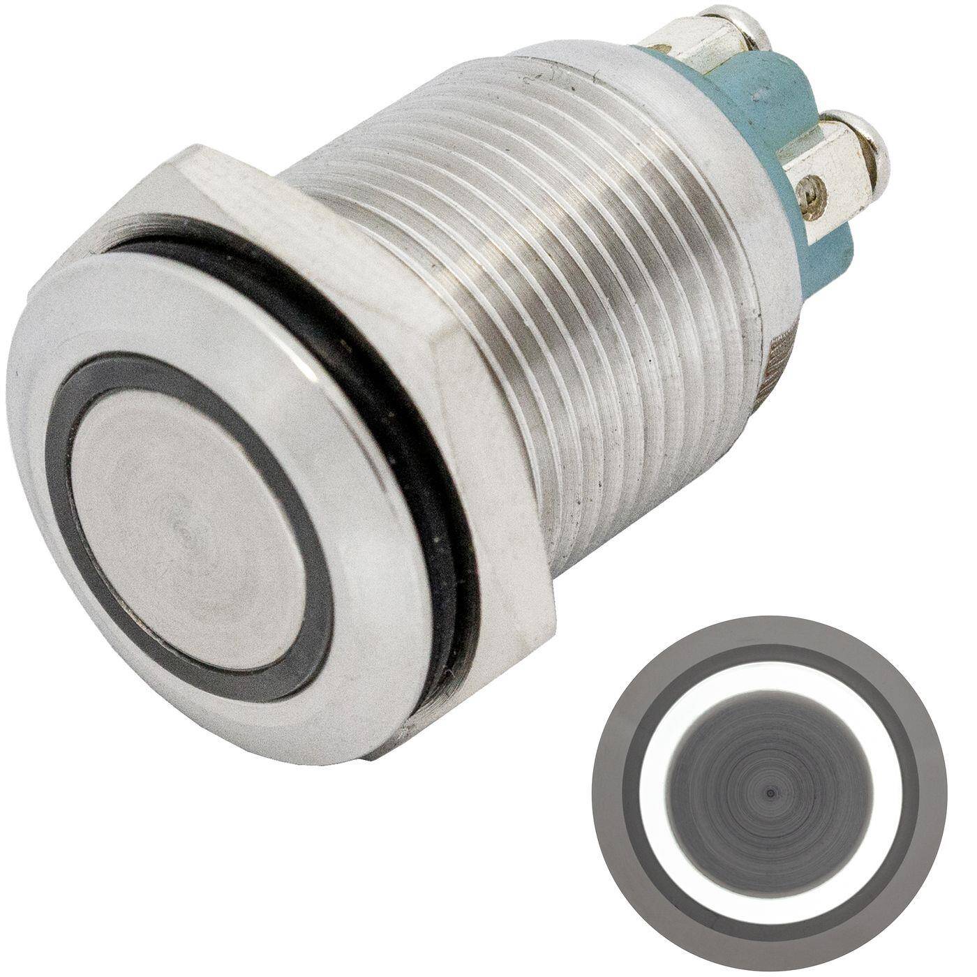 Lumonic Edelstahl Drucktaster flach 16mm Durchmesser I Mit einer Ring LED in Kalt-Weiß Maße: Schraubanschluss 250V 3A I Vandalismussicher nach dem IP65 Standard