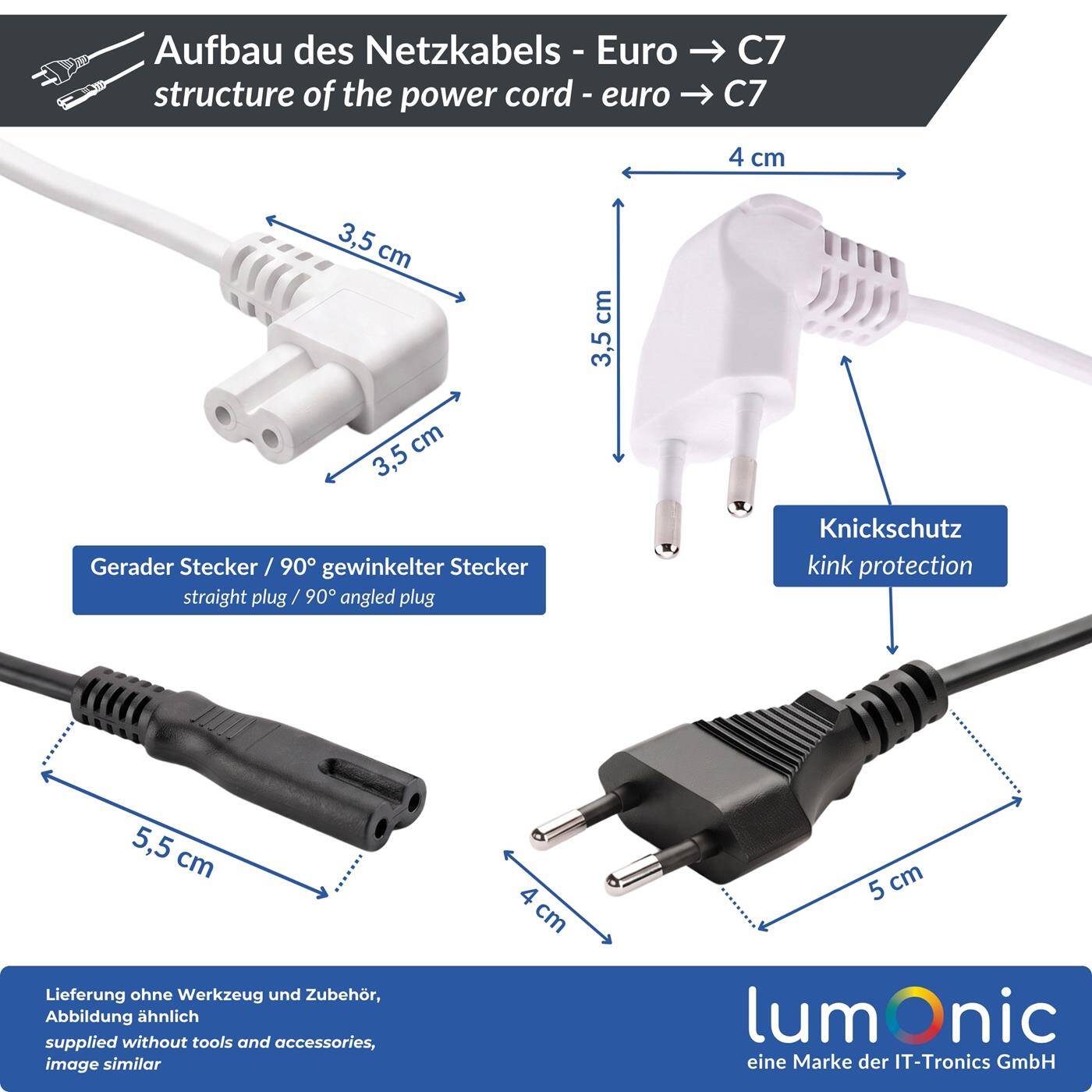Lumonic Power Cord with Euro Plug to C7 Connector, for TV and Game Console, White, 1.5 m, 230 V — Compatible with TVs, radios, and game consoles; C7 connector that can be plugged in either way; kink protection to prevent cable breakage