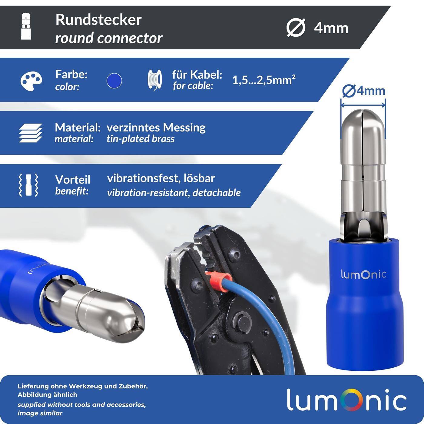 Lumonic 25x Rundstecker 1,5-2,5mm² | , 4mm | Rundstecker für Rundsteckhülsen 4mm | Kabelverbinder, Kabelschuhe isoliert | KFZ, Motorrad, Elektrik