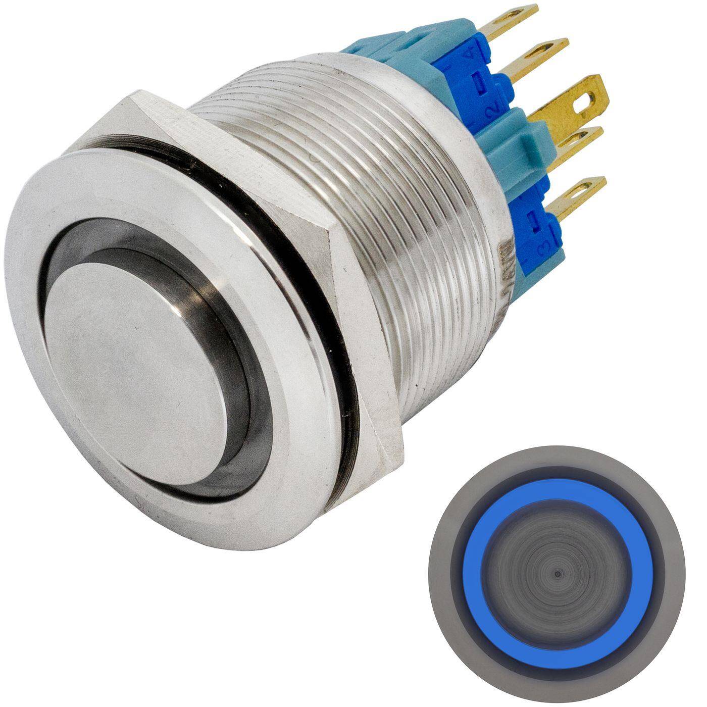 Edelstahl Drucktaster erhaben Ø25mm Ring LED Blau IP65 2,8x0,5mm Pins 250V 3A Vandalismussicher