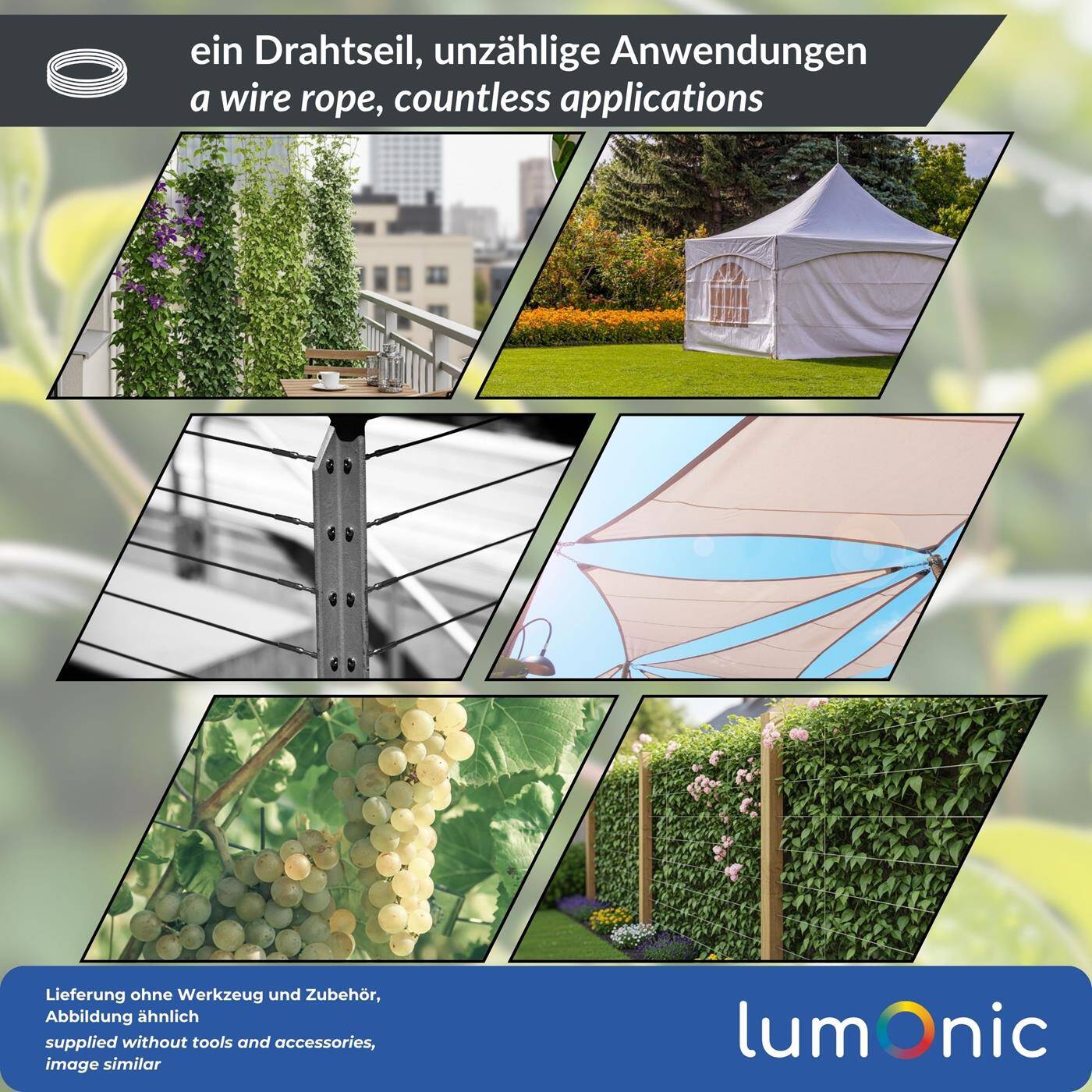 Lumonic Drahtseil 7x7 | 50m Ø2mm | V4A Edelstahl rostfrei | Stahlseil mit verzinnten Enden | für Rankhilfe, Wäscheleine, Lampen, Sichtschutz, Sonnensegel