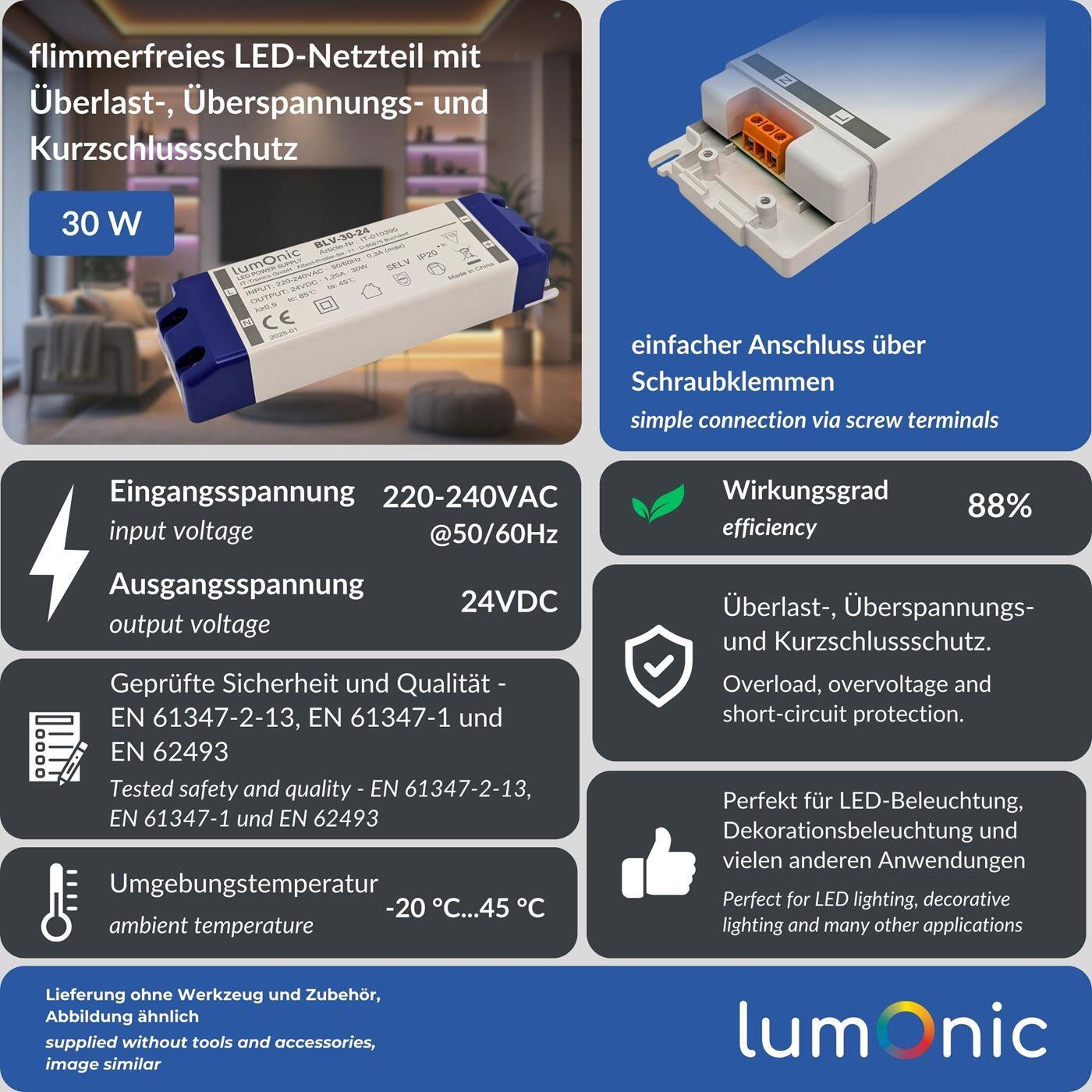 Lumonic I LED transformer BLV-30-24 I 24V 30W I Input 220-230VAC I flicker-free I Overload protection I LED power supply unit I for LED lighting