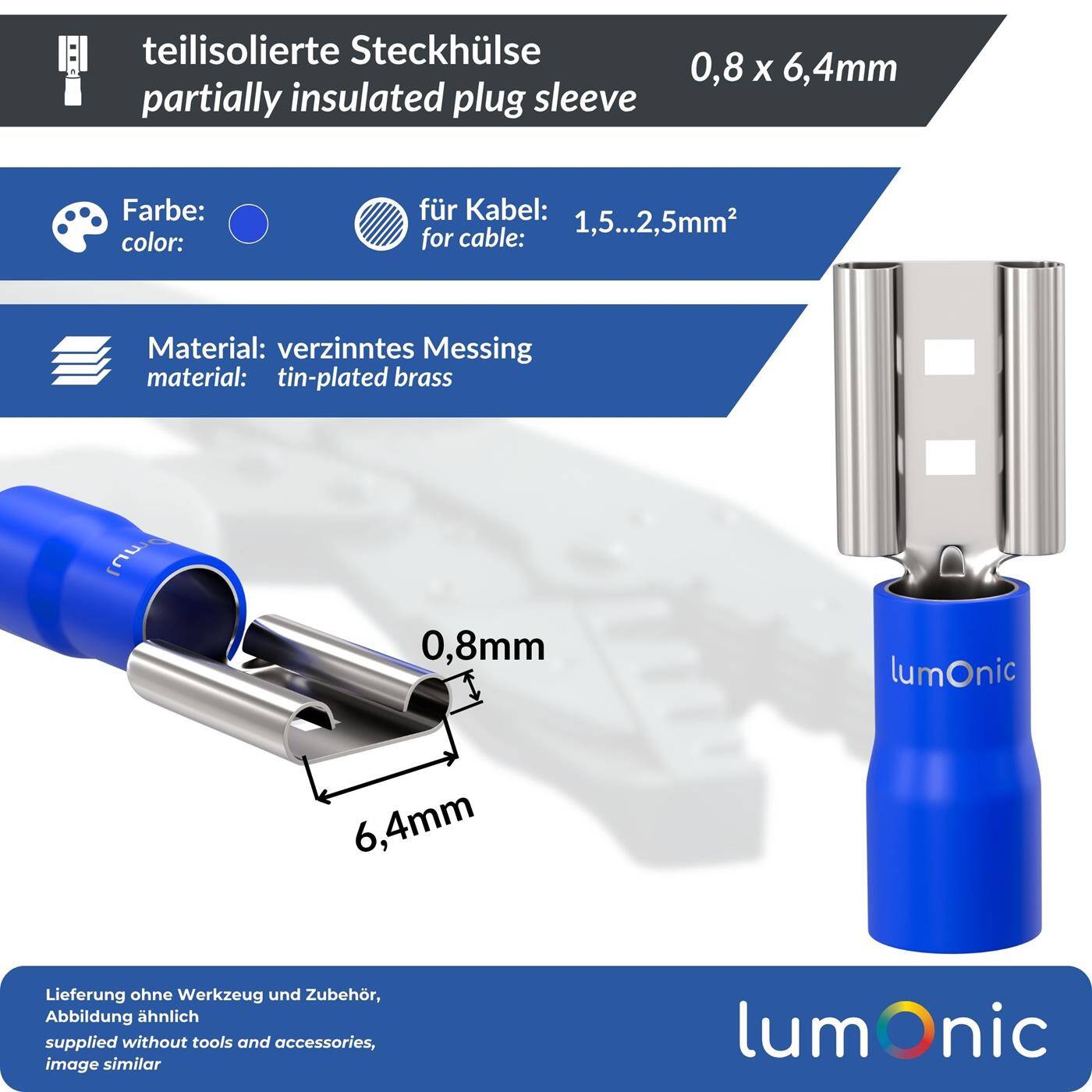 Lumonic 25x Flat receptacle 1,5-2,5mm²  | for flat plug 0,8 x 6,4mm | Partially insulated | Cable connector without soldering | Tin-plated brass | Automotive, mechanical engineering