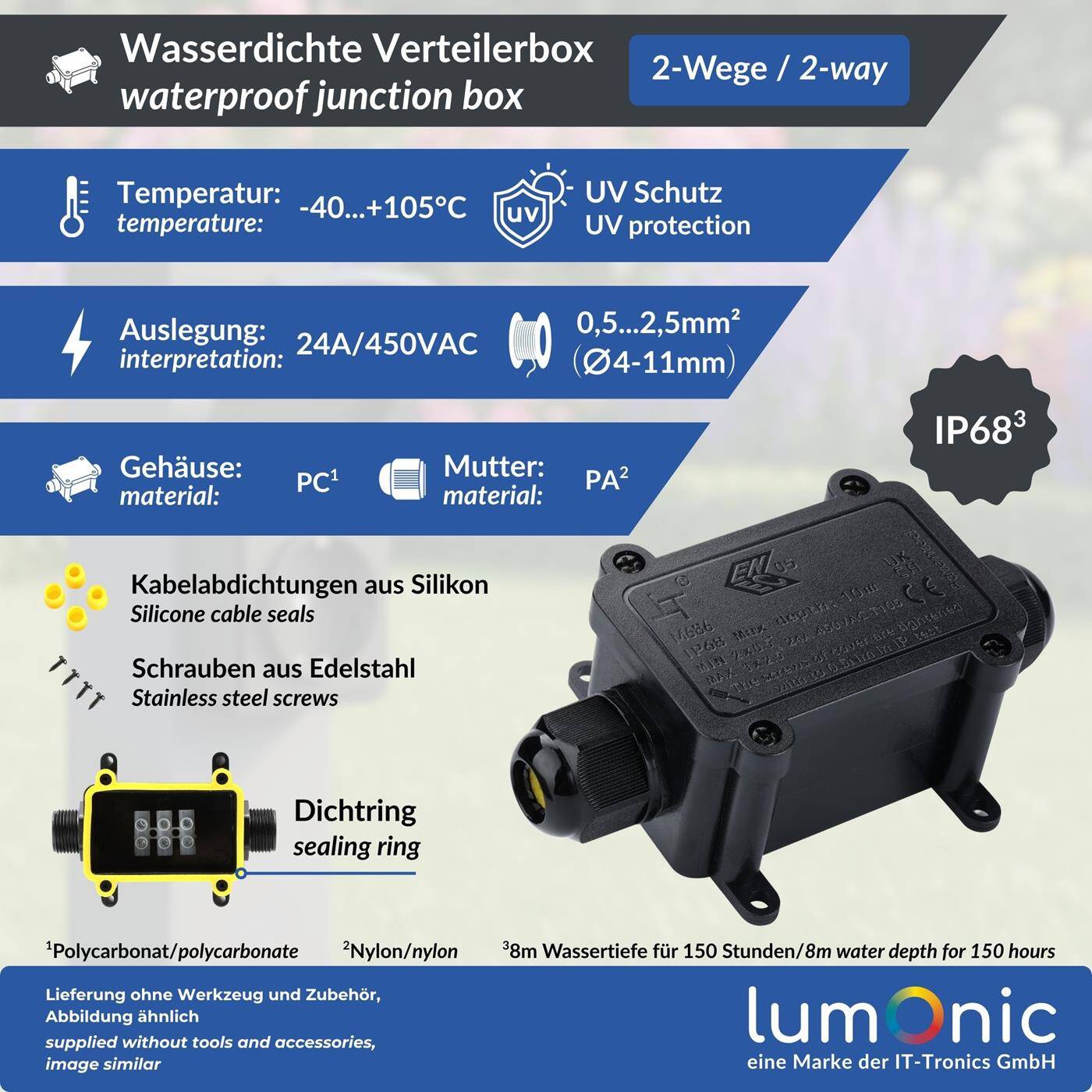 Lumonic 2-Wege Abzweigdose wasserdicht IP68 | schnelle, sichere Kabelverteilung | für Kabel 0,5-2,5mm² | UV-Beständig, -40°C bis+ 105°C | Verteilerdose für Outdoor, Garten, Erdkabel