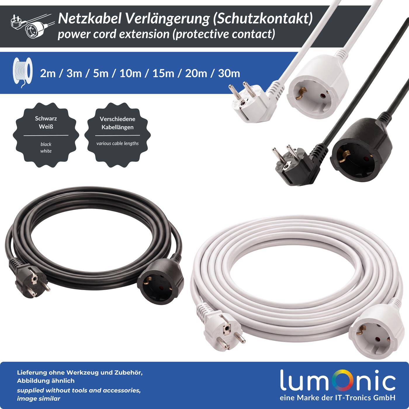 Lumonic Schuko Verlängerungskabel Weiß, 10 m, 230 V - Kindersicherung in der Buchse, für Waschmaschine und Geschirrspüler, Knickschutz am Stecker