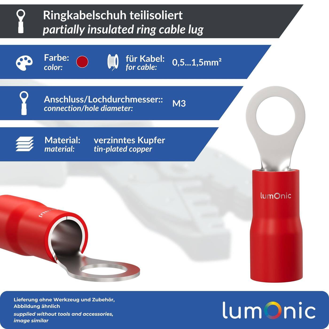 Lumonic 25x Ringkabelschuh 0,5-1,5mm² teilisoliert | M3 | Kupfer verzinnt | sichere Kabelverbindung ohne Löten | Set, Crimp-Kabelschuh, Quetschverbinder, Ringöse | KFZ, Maschinenbau, Wohnmobil, Batterie