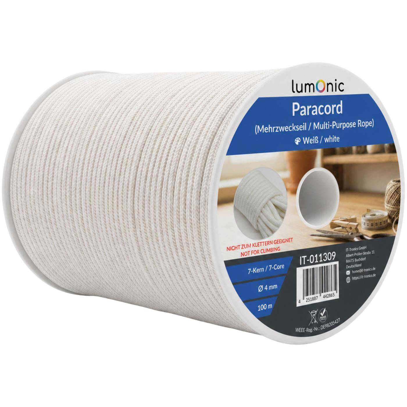Lumonic 100m Paracord 4mm White | 100% nylon | 7 cores, 32 strand sheath | Max. 125 kg load capacity | dog leash, bracelet, outdoor, bushcraft, tent cord