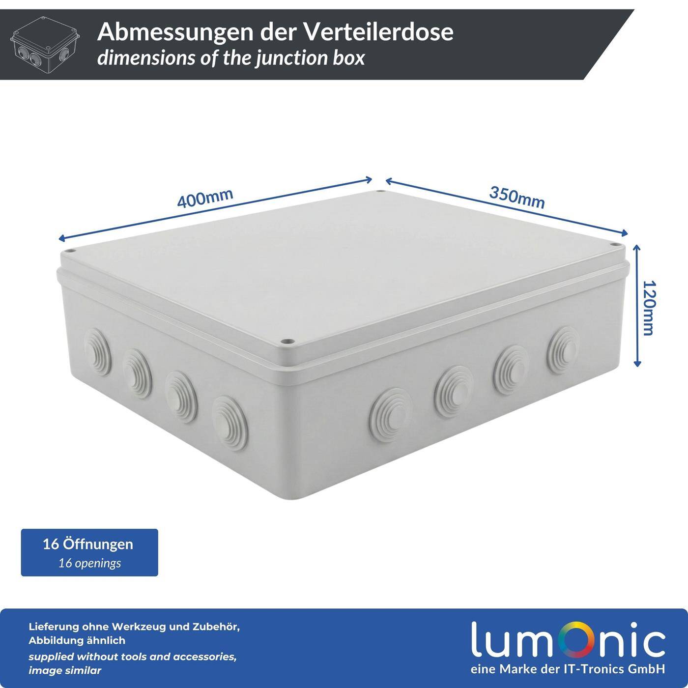 Lumonic Verteilerdose Aufputz IP65 Weiß | extra groß, 400x350x120mm, 16 Kabeleinführungen | Deckel verschraubt | Hochwertiges PVC | Großer Innenraum für Hutschienen, Klemmblöcke und Aktoren