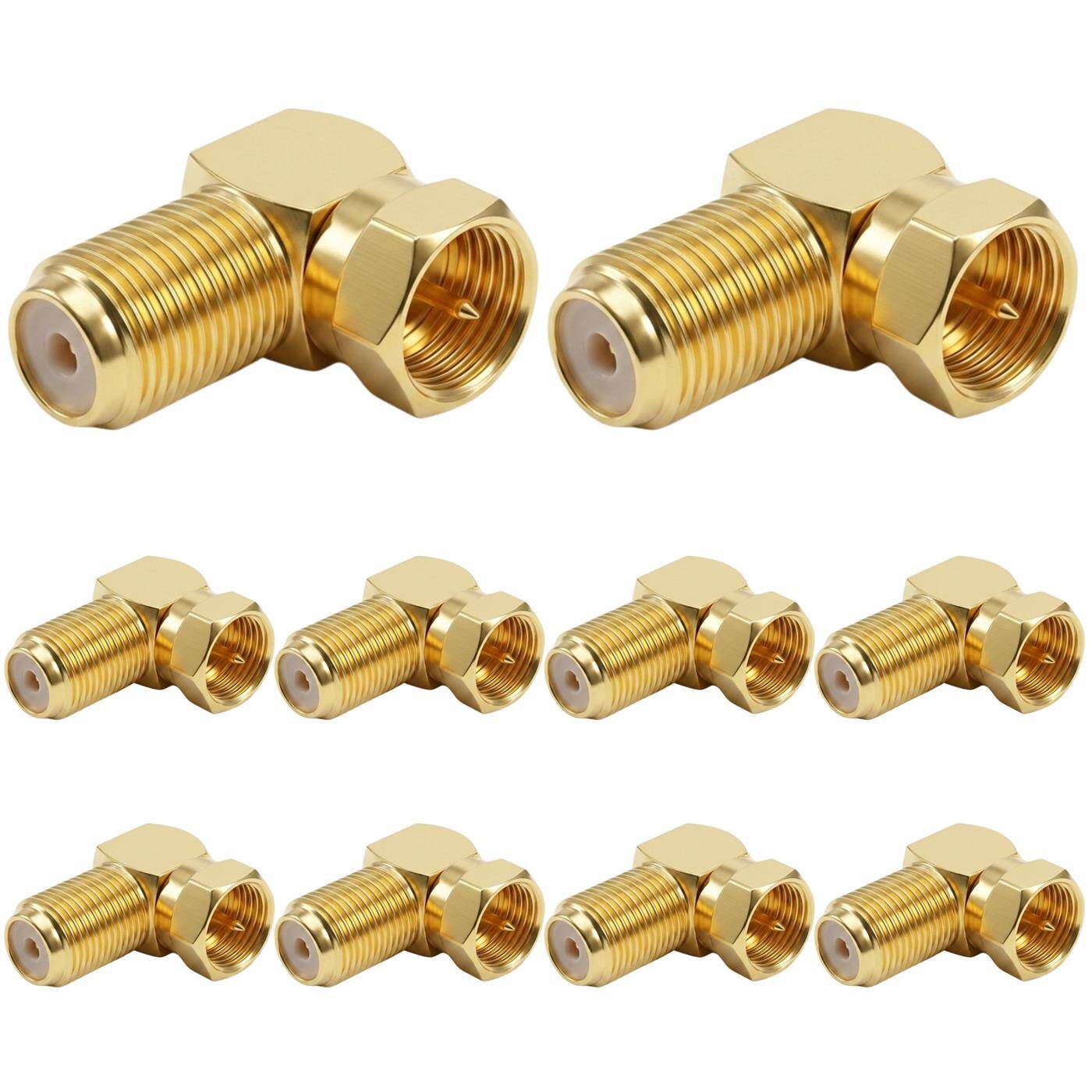 Lumonic 10 Stück F-Winkeladapter vergoldet | 90° gewinkelter Buchsen-Stecker-Adapter | Knickschutz | F-Winkelstecker für Koaxialkabel, SAT Kabel, Kabelinternet