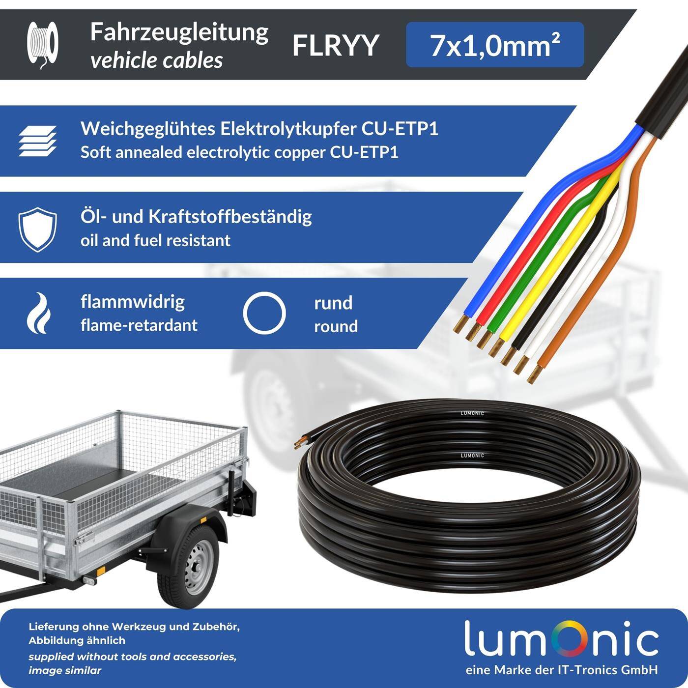 1m FLRYY Fahrzeugleitung 7x1mm² rund Kabel KFZ Anhängerkabel Niedervolt