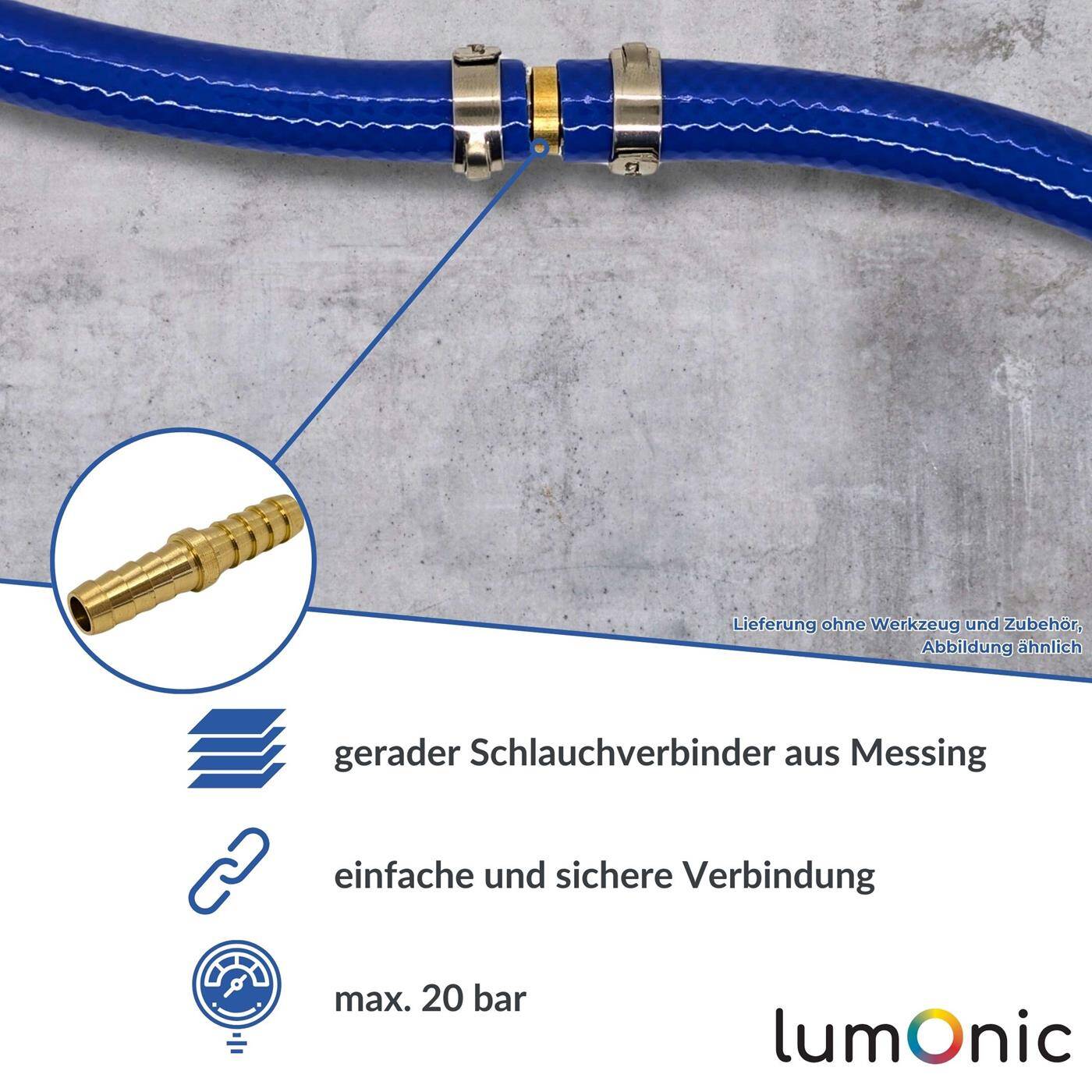 Lumonic I Straight hose connector I for 6mm (1/4") hose I made of brass I I-connector I I-piece I with spike profile I Compressed air I for workshops, businesses and DIY enthusiasts