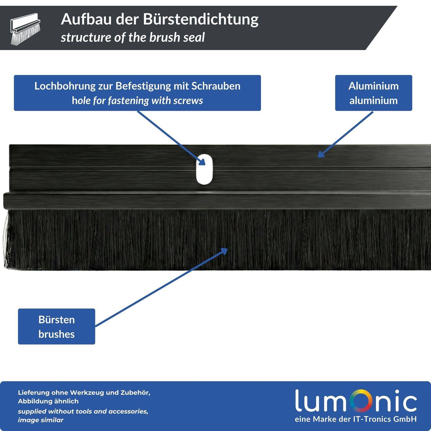 Lumonic 1m Brush seal 20mm | Aluminum profile black | Saves heating costs | Screwable + Can be cut to size | Door bottom seal as draught excluder, cold protection, insect protection for doors