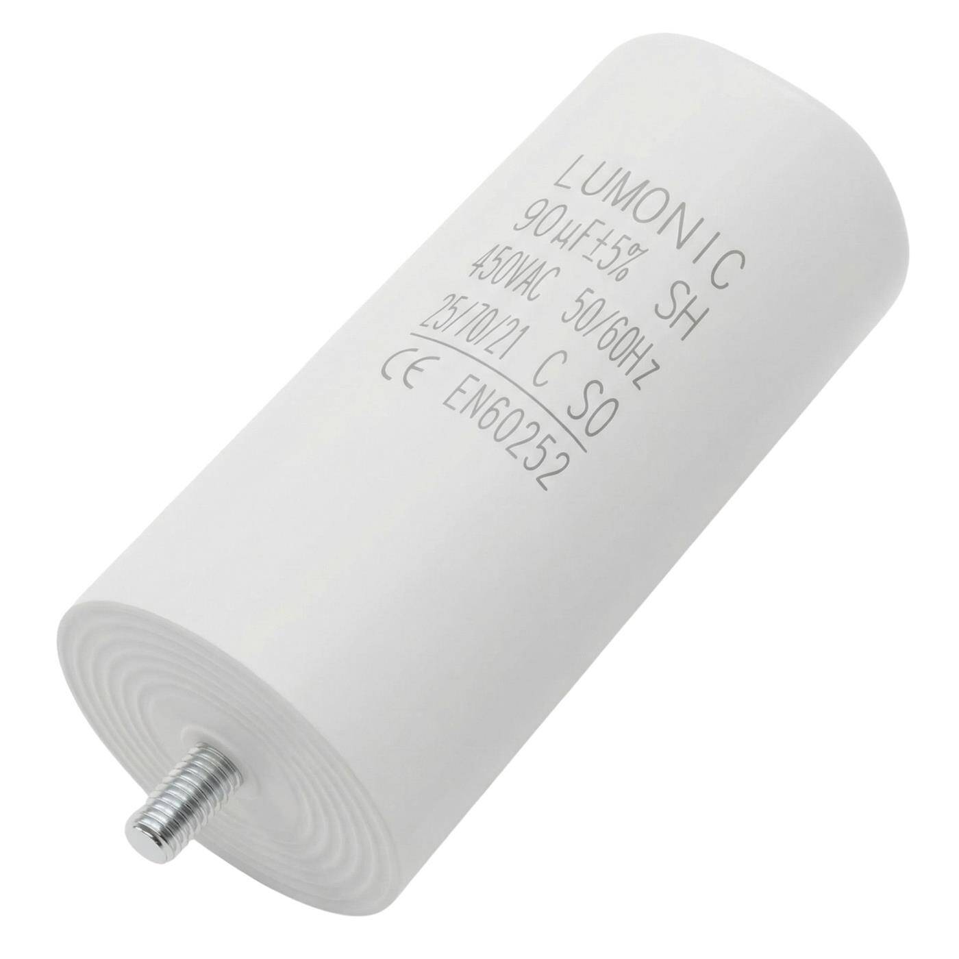 Lumonic Anlaufkondensator 90µF 450V | mit Stecker I 55x120mm I 90uF I Motorkondensator mit Kunststoffgehäuse I Betriebskondensator I für Pumpen, Rasenmäher, Werkzeuge