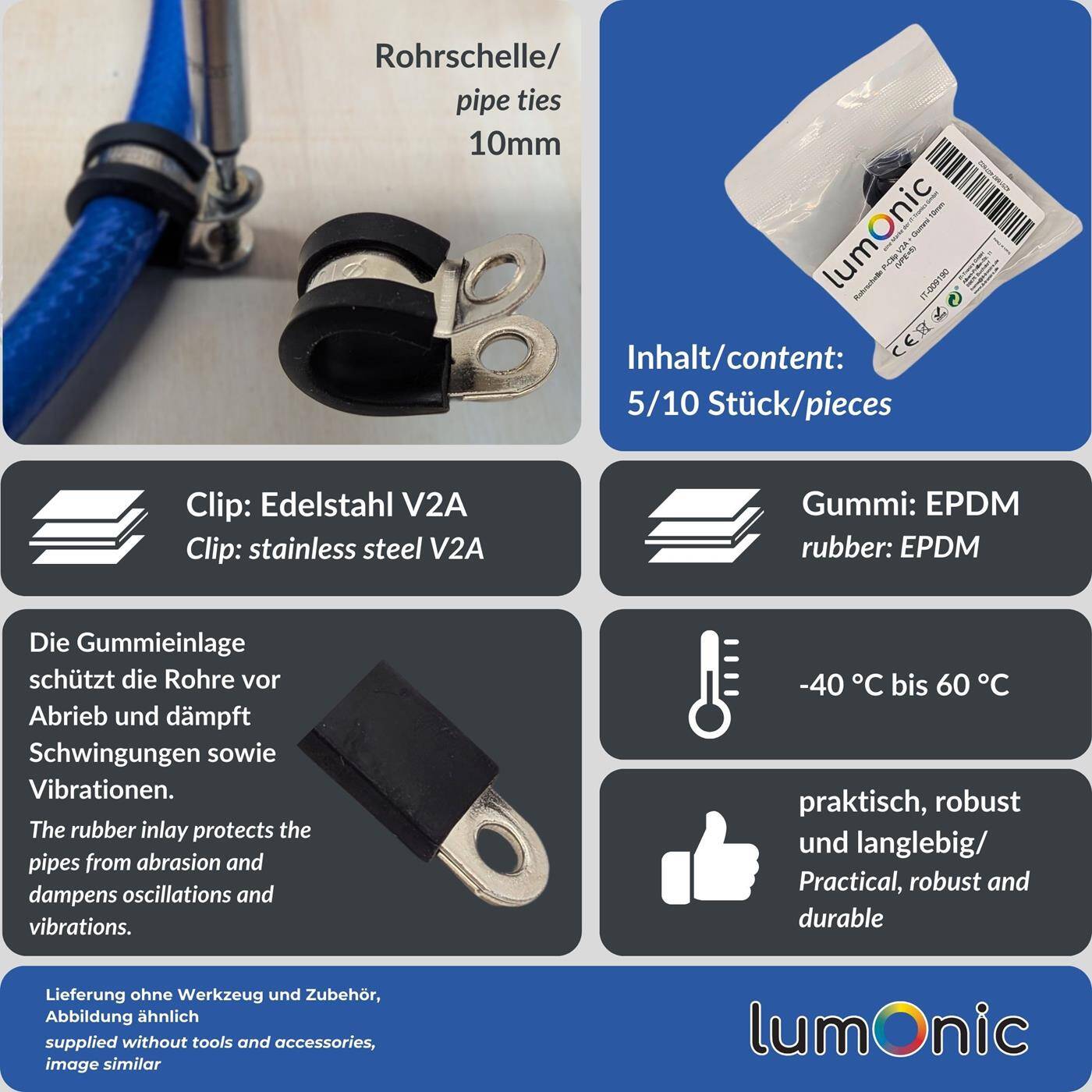 Lumonic 5x 10mm Rohrschellen mit Gummieinlage Edelstahl V2A I Kabelschellen zum Schrauben I Schlauchschelle 10mm, Rohrschellen, Befestigungsschelle 10mm, Rohrhalterung