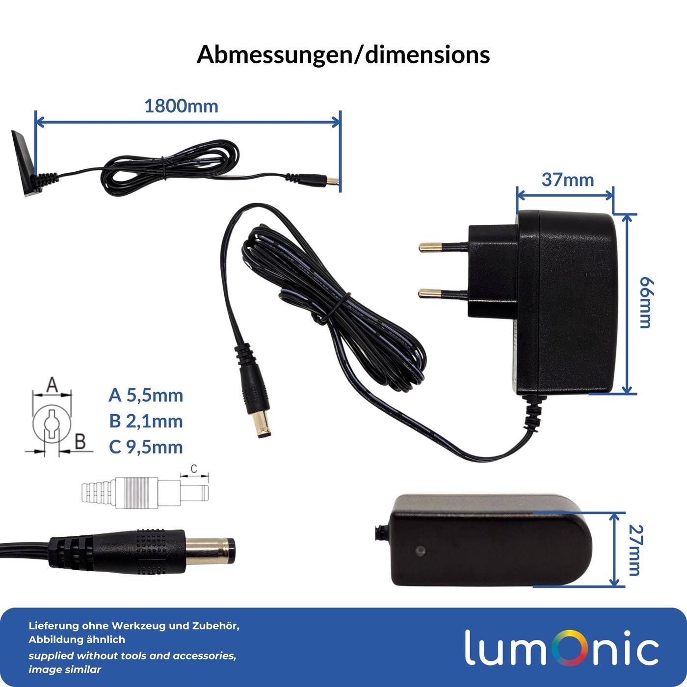 Lumonic I LED plug-in power supply PIP-12-12 I 12V 12W I Input 100-240VAC I Extra long cable with hollow plug 5,5/2,1 I Overload protection I universeller EU-Netzadapter I for LED strips