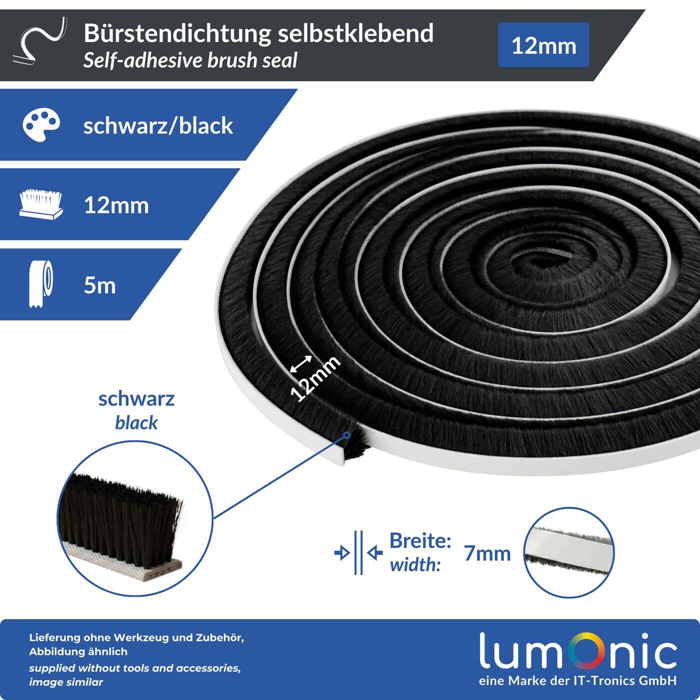 Lumonic 5m Brush seal black 12mm | Self-adhesive + Can be cut to size | Draught excluder, cold protection, insect screen for windows, doors, cupboards