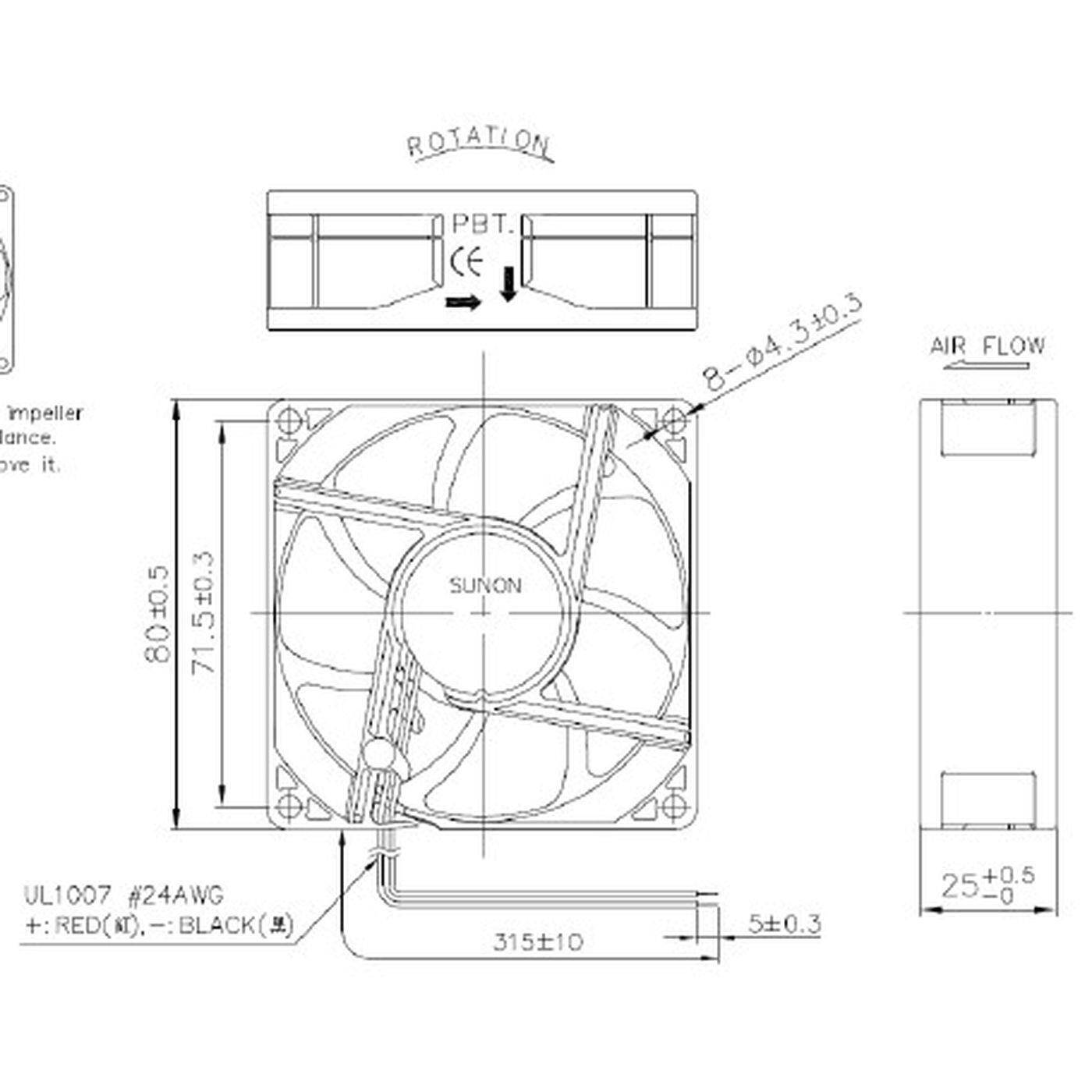 Fan 12V DC 1,44W 80x80x25mm 69,9m³/h 3200U/Min 69,9m³/h Sunon MF80251V11000UA99