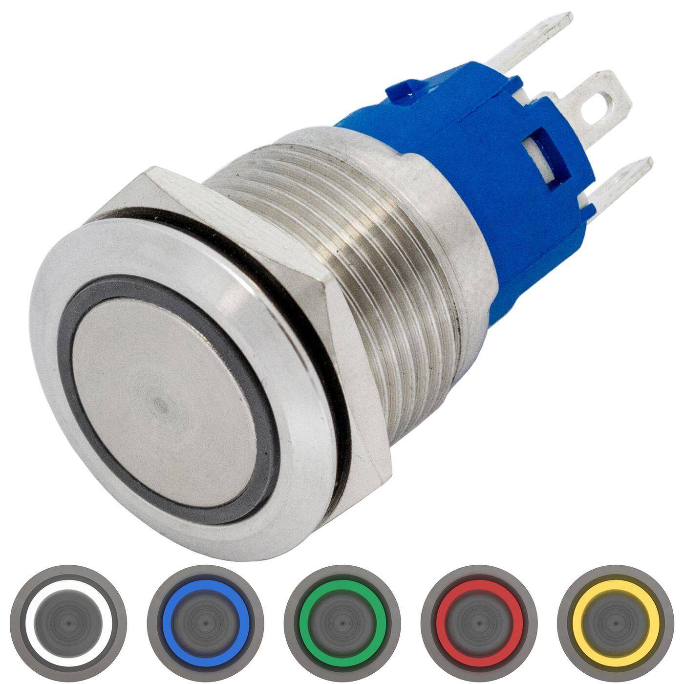 Stainless steel Pressure switch Flat Ø19mm Ring LED Cold White IP65 2,8x0,5mm Pins 250V 3A Vandal-proof