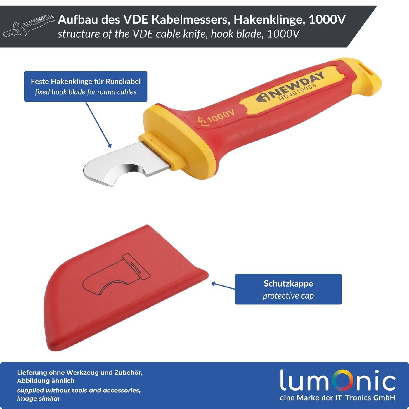 Lumonic VDE Cable Cutter 1000V, Hook Blade - 5Cr13 blade steel, for round cables, protective cap included, non-slip two-component handle