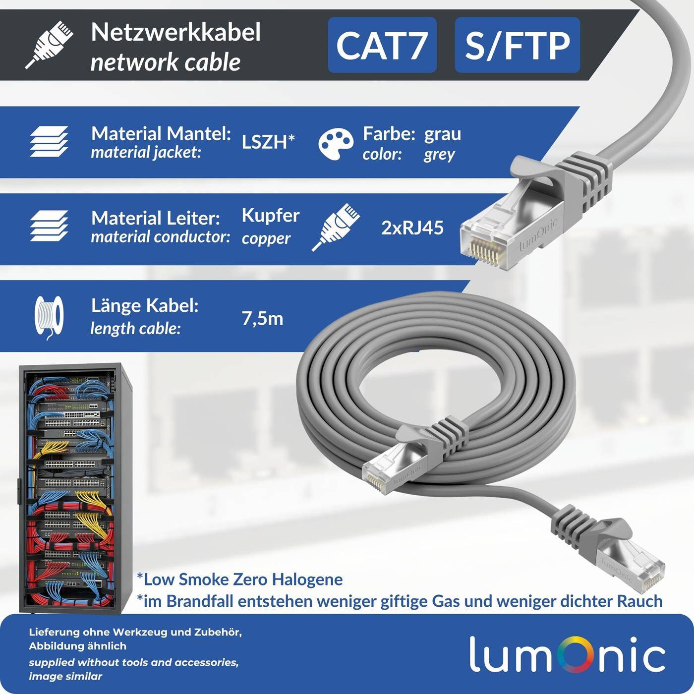 Lumonic CAT7 Patchkabel S/FTP 7,5m | RJ45 | grau | Ethernet LAN | Netzwerkkabel