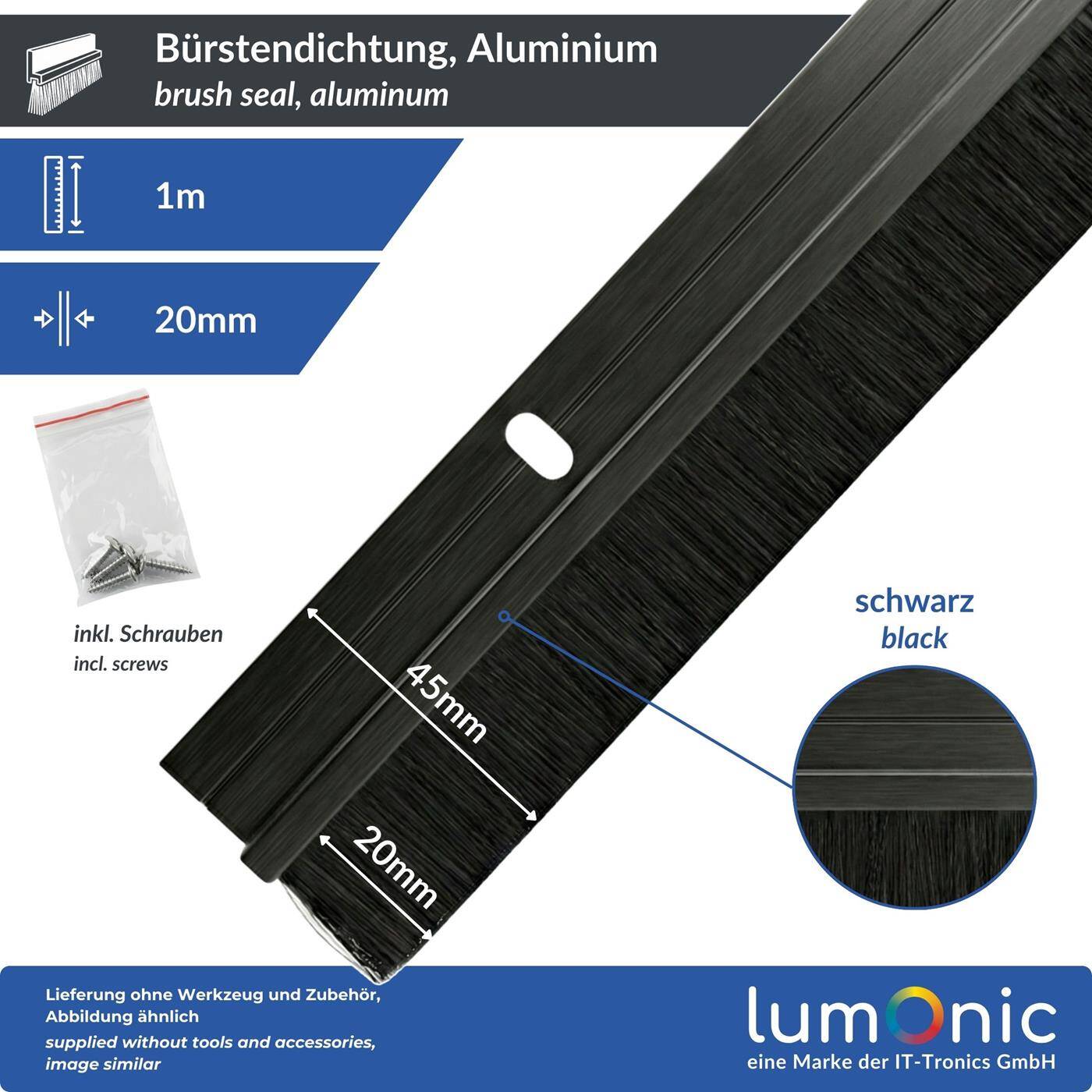 1m Brush seal 20mm Aluminum profile black Saves heating costs Screwable + Can be cut to size Door bottom seal as draught excluder Cold protection Insect protection for doors