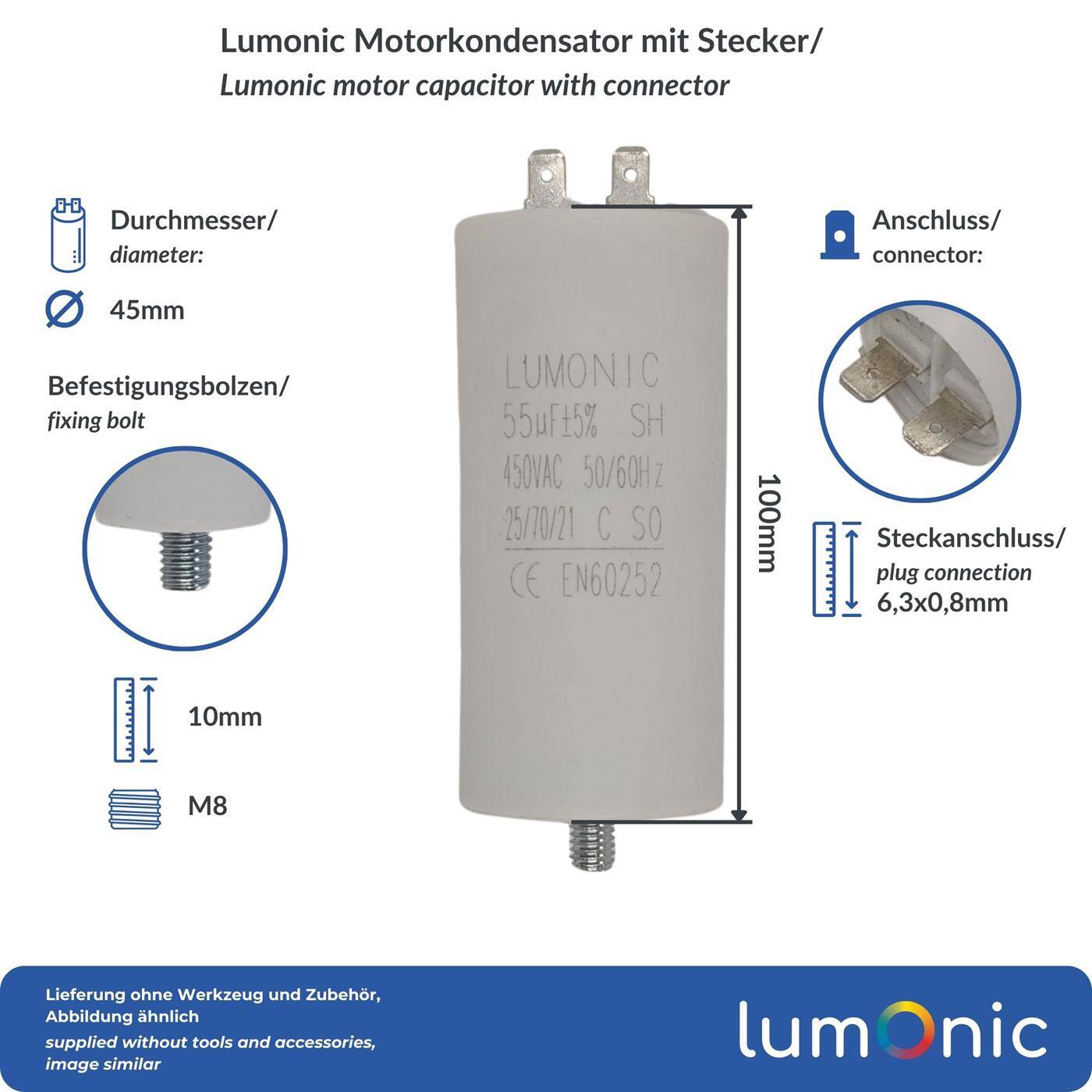 Lumonic Anlaufkondensator 55µF 450V | mit Stecker I 45x100mm I 55uF I Motorkondensator mit Kunststoffgehäuse I Betriebskondensator I für Pumpen, Rasenmäher, Werkzeuge