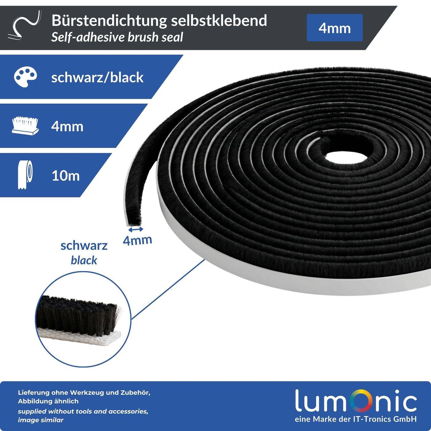 Lumonic 10m Brush seal black 4mm | Self-adhesive + Can be cut to size | Draught excluder, cold protection, insect screen for windows, doors, cupboards