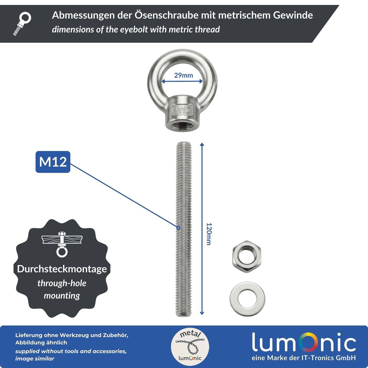 Lumonic Eye bolt V2A stainless steel incl. nut + washer | M12x120mm |  | Push-through mounting | Eyebolt for awning, hammock, swing + chains