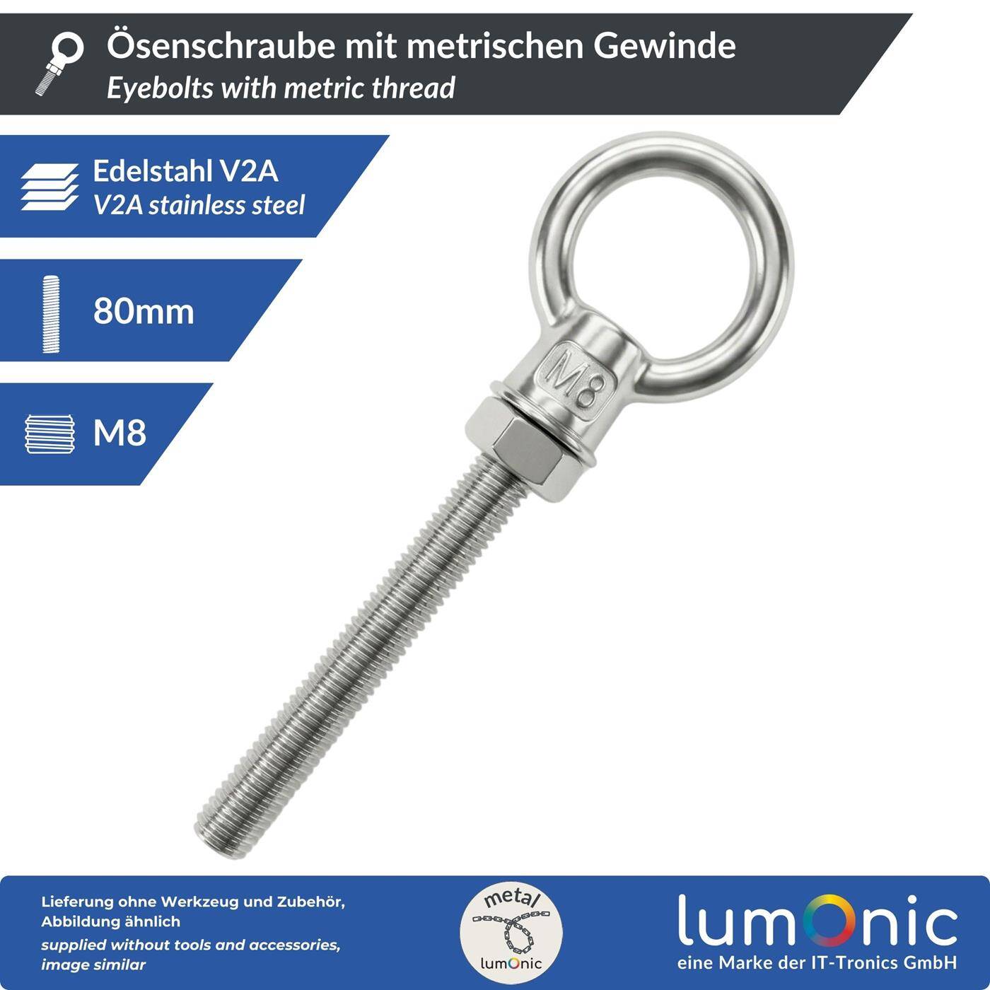 Lumonic Eye bolt V2A stainless steel incl. nut + washer | M8x80mm |  | Push-through mounting | Eyebolt for awning, hammock, swing + chains