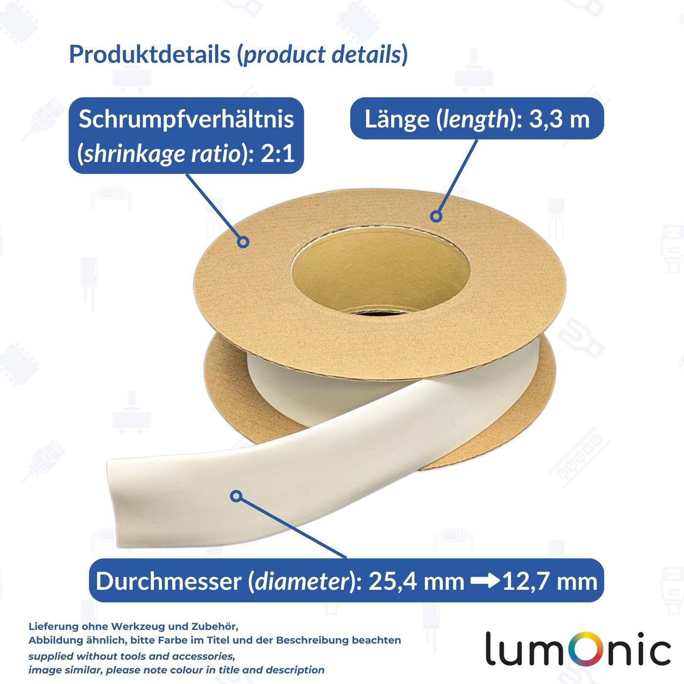 3,3m Heat shrink tubing Box 2:1 25,4 -> 12,7mm Transparent Flexible