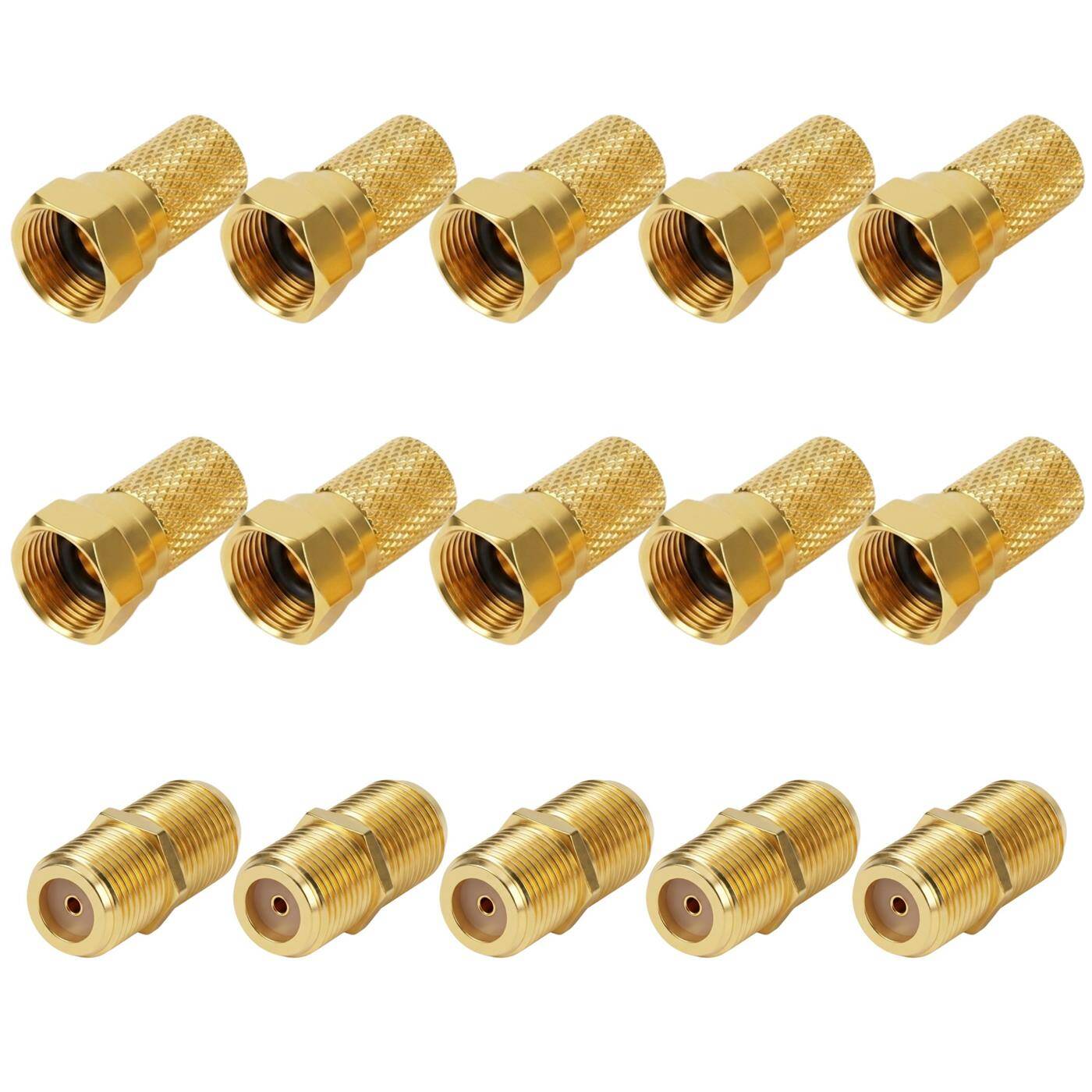 Lumonic F-Stecker Set vergoldet | 10x F-Stecker 7mm + 5x F-Verbinder | einfache Verlängerung von Antennenkabel | für Koaxialkabel, SAT Kabel, Kabelinternet