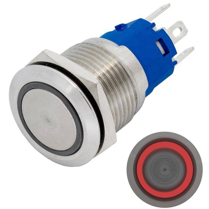 Edelstahl Druckschalter Flach Ø19mm Ring LED Rot IP65 2,8x0,5mm Pins 250V 3A Vandalismussicher