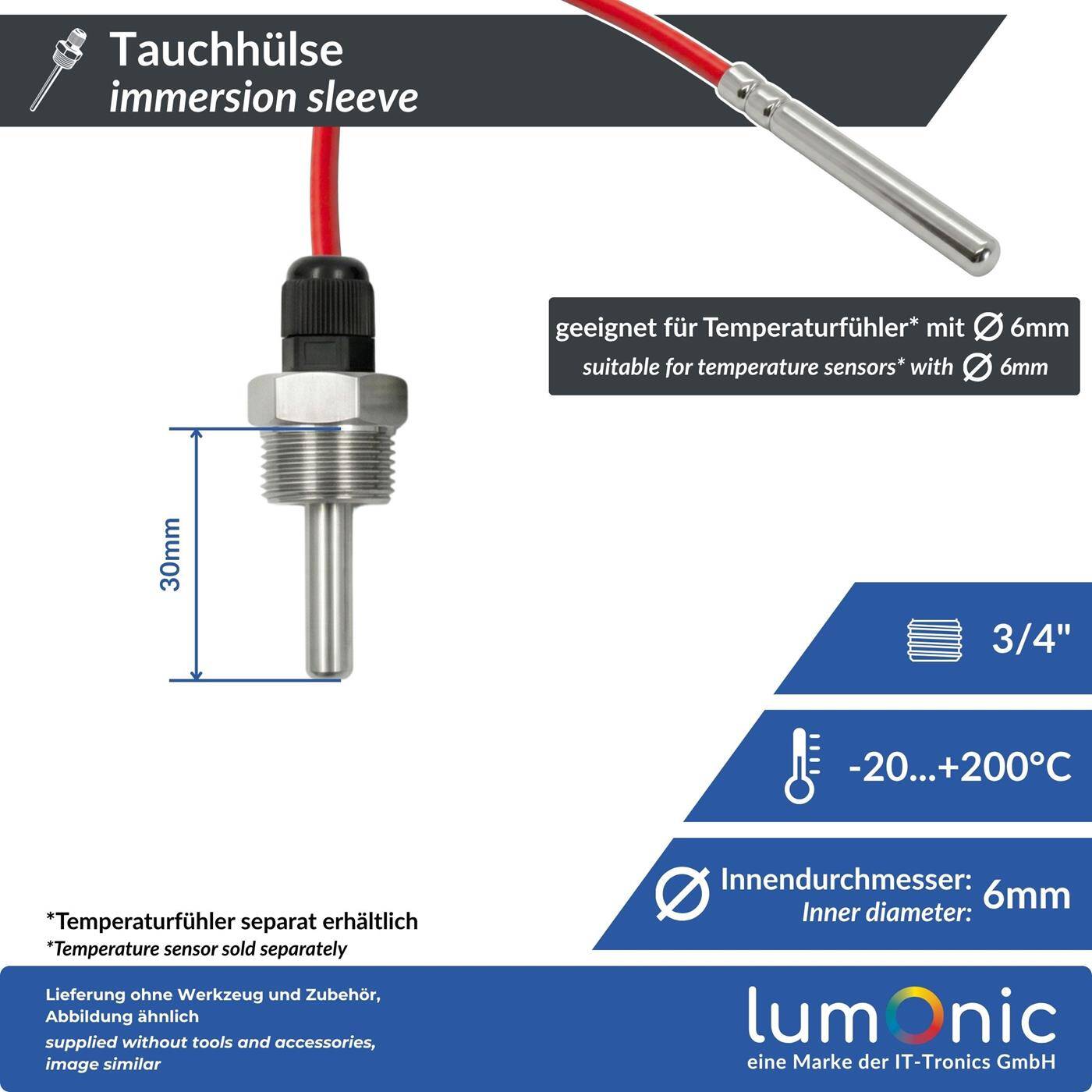 Lumonic Set of 2 immersion sleeves V2A stainless steel 3/4 inch | 30mm Installation length | Perfect fit for 6mm temperature sensors | for buffer storage, heating, solar + smart home