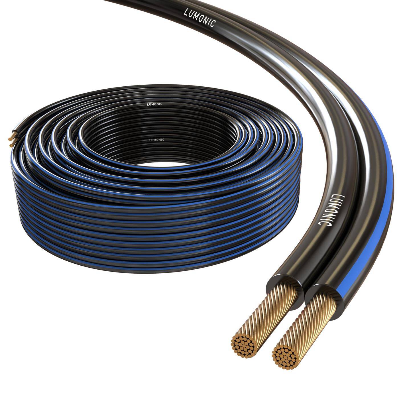 Lumonic Lautsprecherkabel | 50m Schwarz | 2x 0,75mm² CCA | blaue Markierung HiFi Boxenkabel | Audio Zwillingsleitung