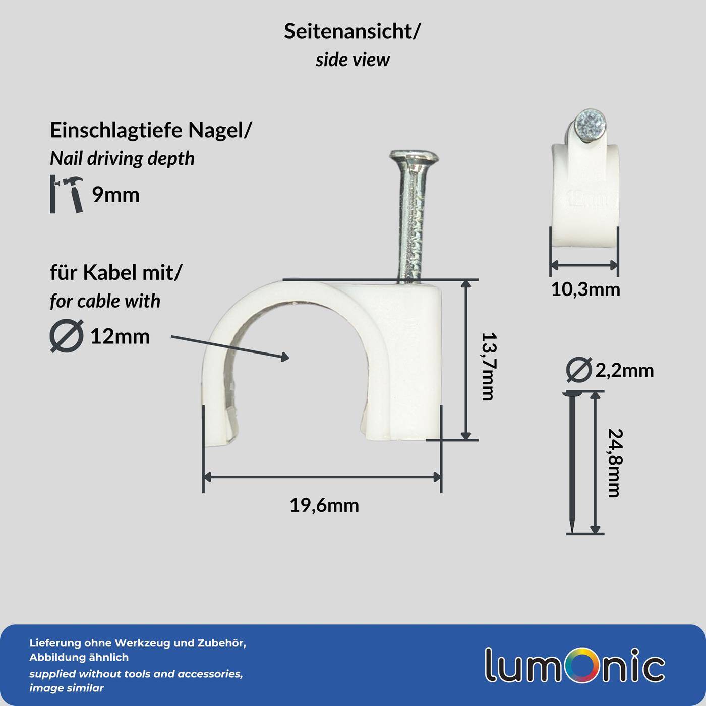 Lumonic 100x Nagelschelle 12mm für Kabel weiss - Kabelschelle mit 25mm Nagel z.B. zur Befestigung an der Wand - Kabelklemmen verschiedene Größen 4-14mm