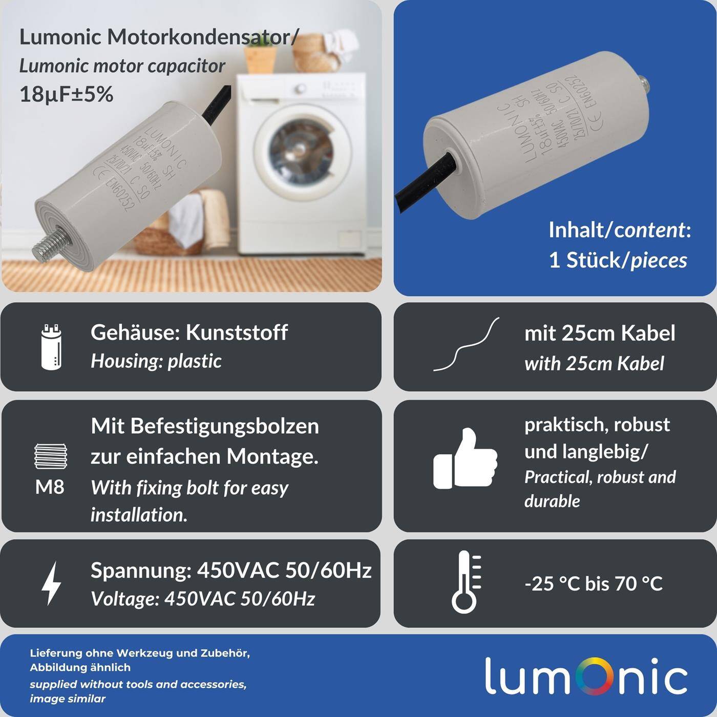 Lumonic Anlaufkondensator 18µF 450V | mit Kabel I 34x70mm I 18uF I Motorkondensator mit Kunststoffgehäuse I Betriebskondensator I für Pumpen, Rasenmäher, Werkzeuge