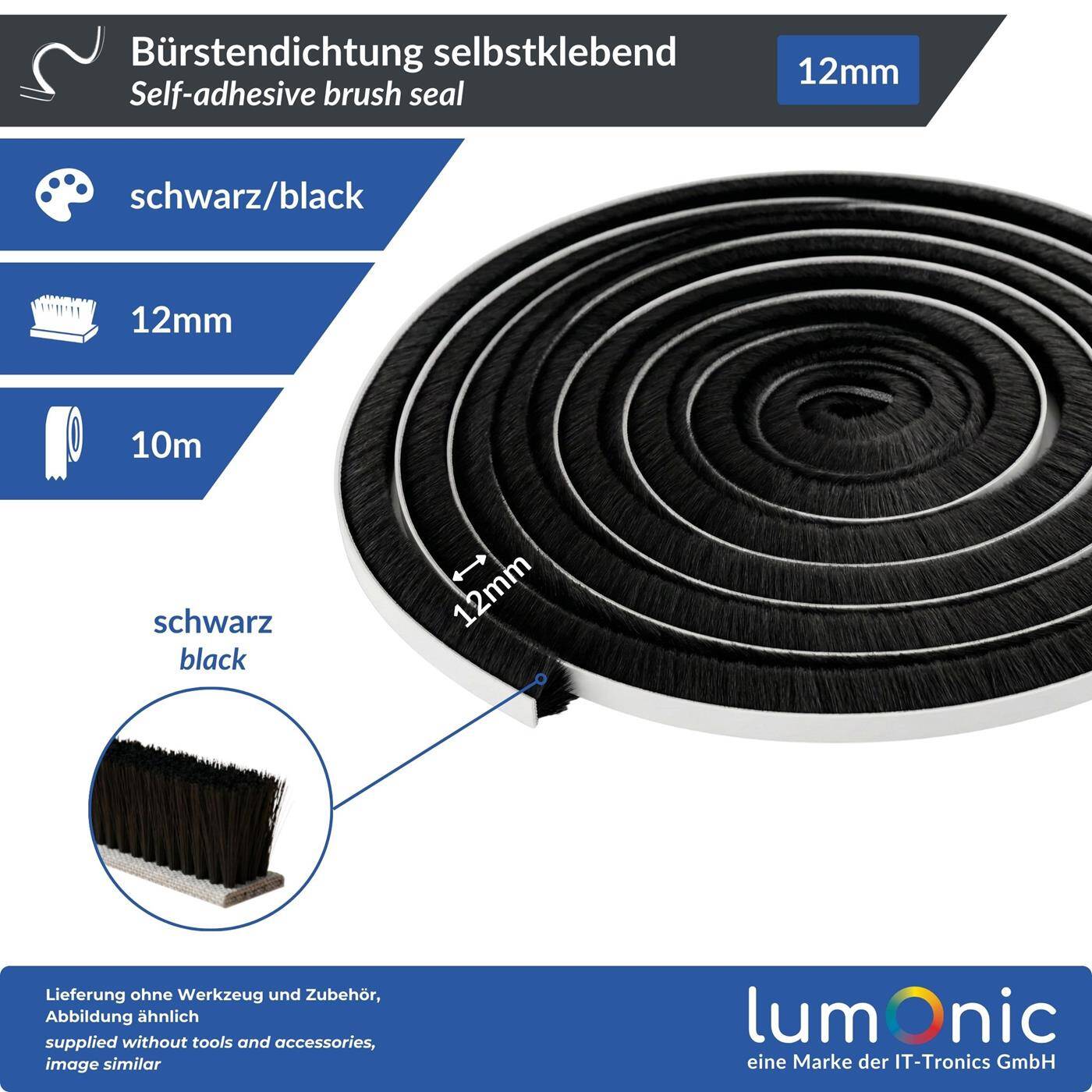 10m Brush seal black 12mm Self-adhesive + Can be cut to size Draught excluder Cold protection Insect screen for windows Doors Cupboard